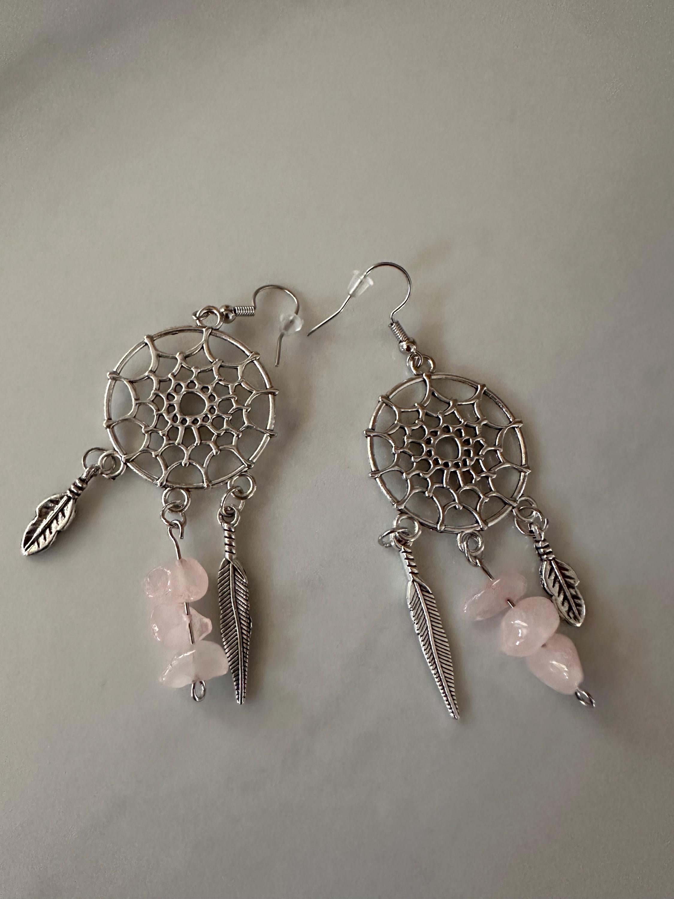 Rose Quartz Antique Silver Dream Catcher Earrings