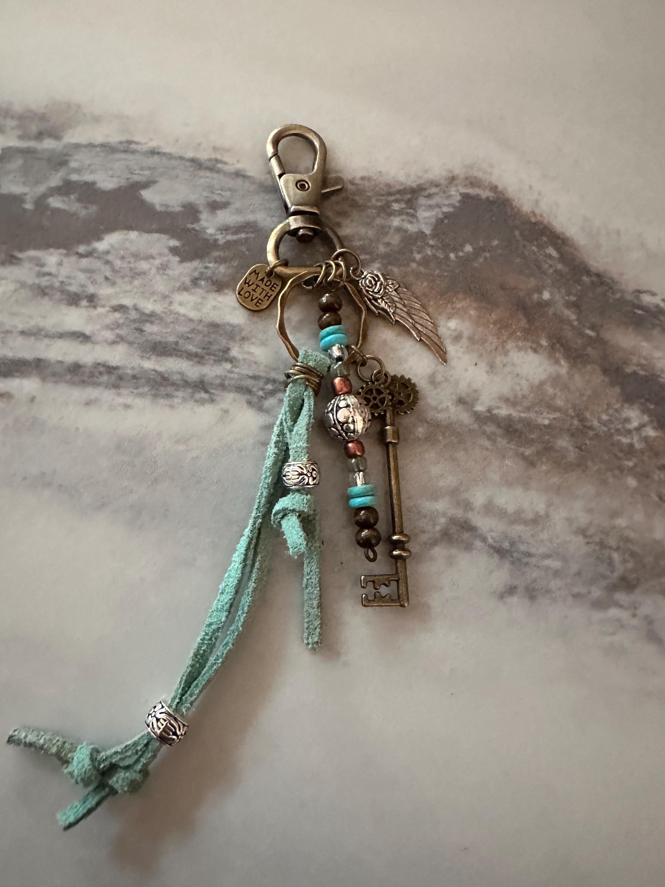 Key Chain, Antique Bronze,  Leather, Turquoise Beads, Glass Beads and Silver Charms