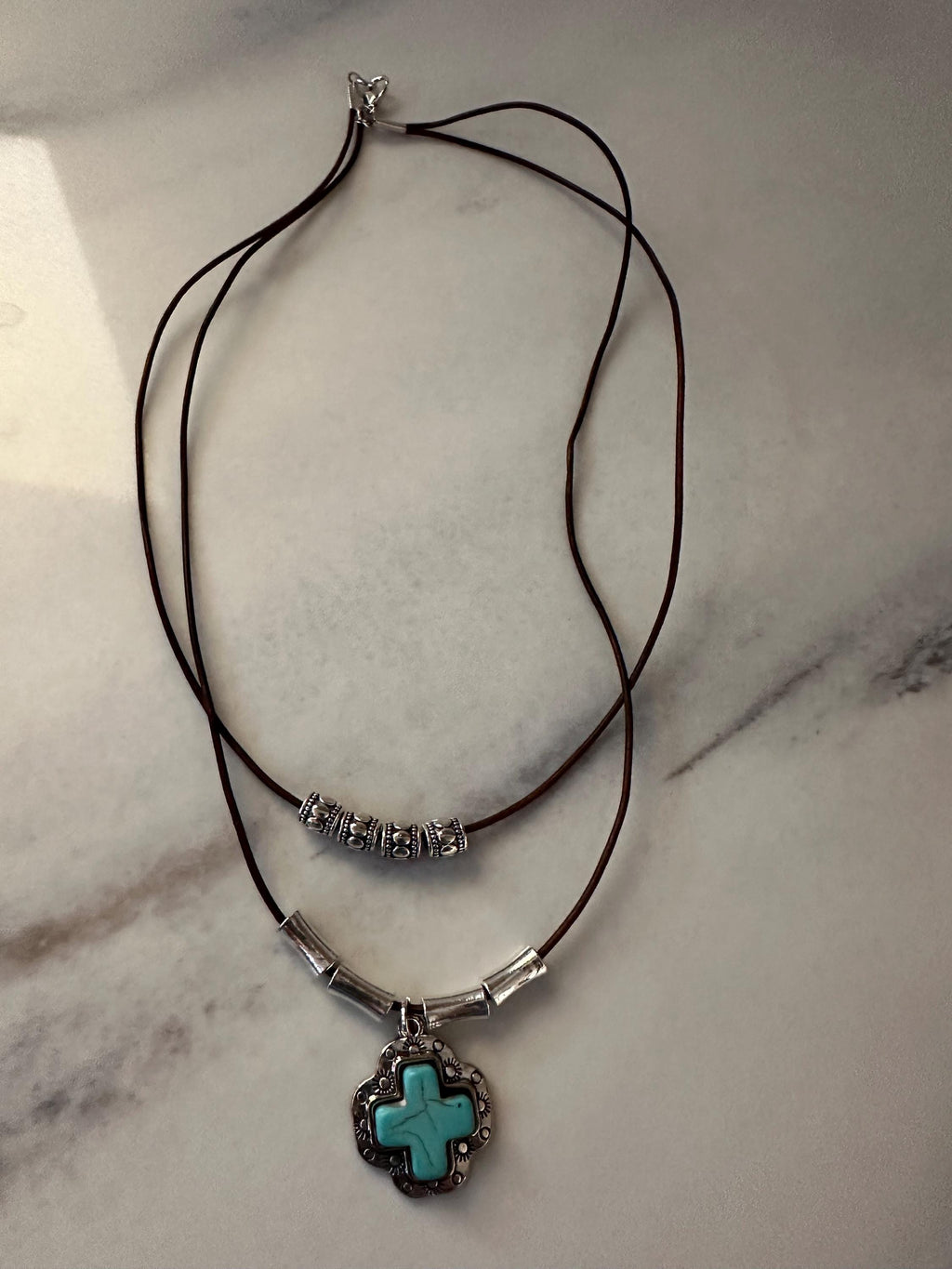 Antique Pewter Turquoise-like Cross Pendant: Silver Beads, Cherry Brown Leather Cord