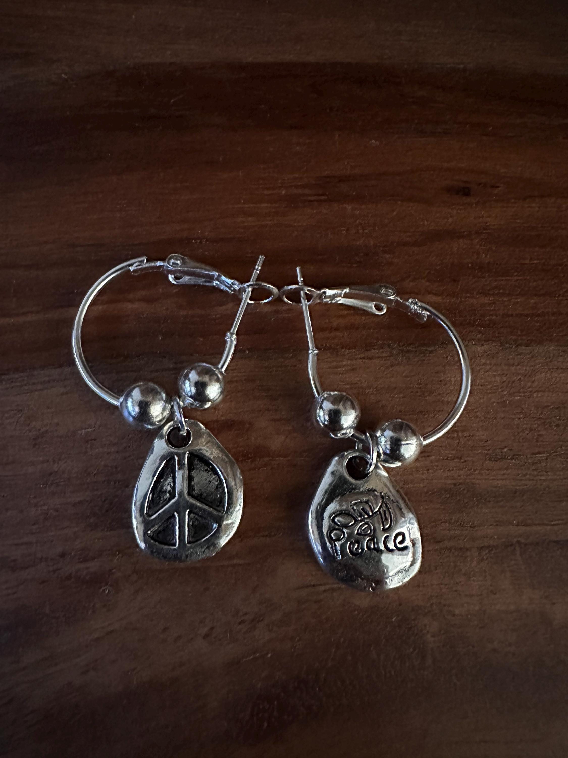 Silver Hoops  20mm with Peace silver charm
