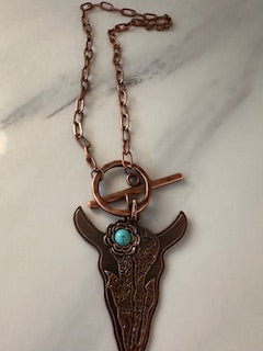 Steer Pendant Necklace, Copper, Turquoise, Toggle
