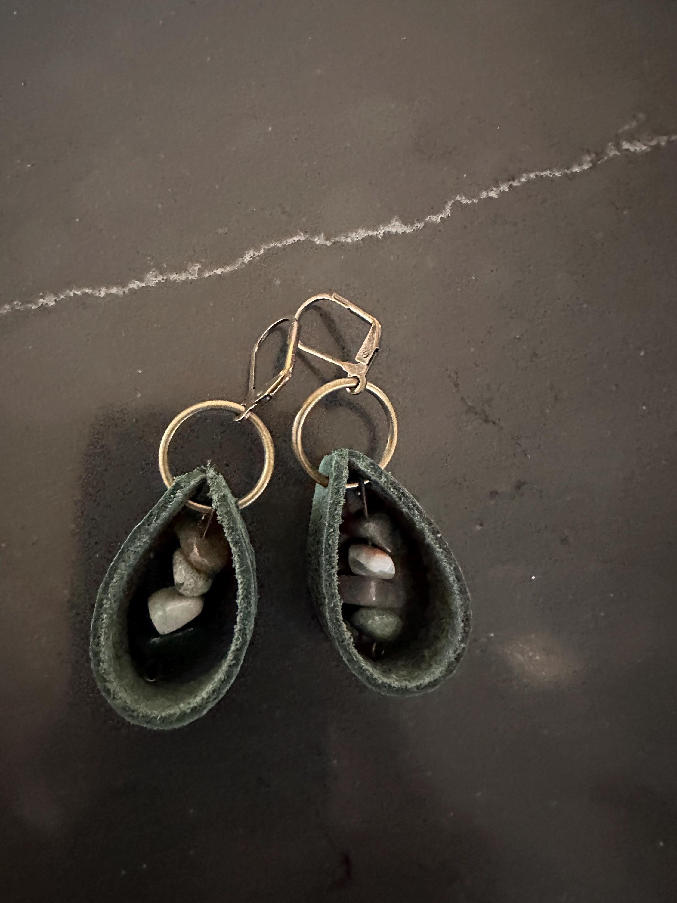 Agate Indian and Leather Earrings
