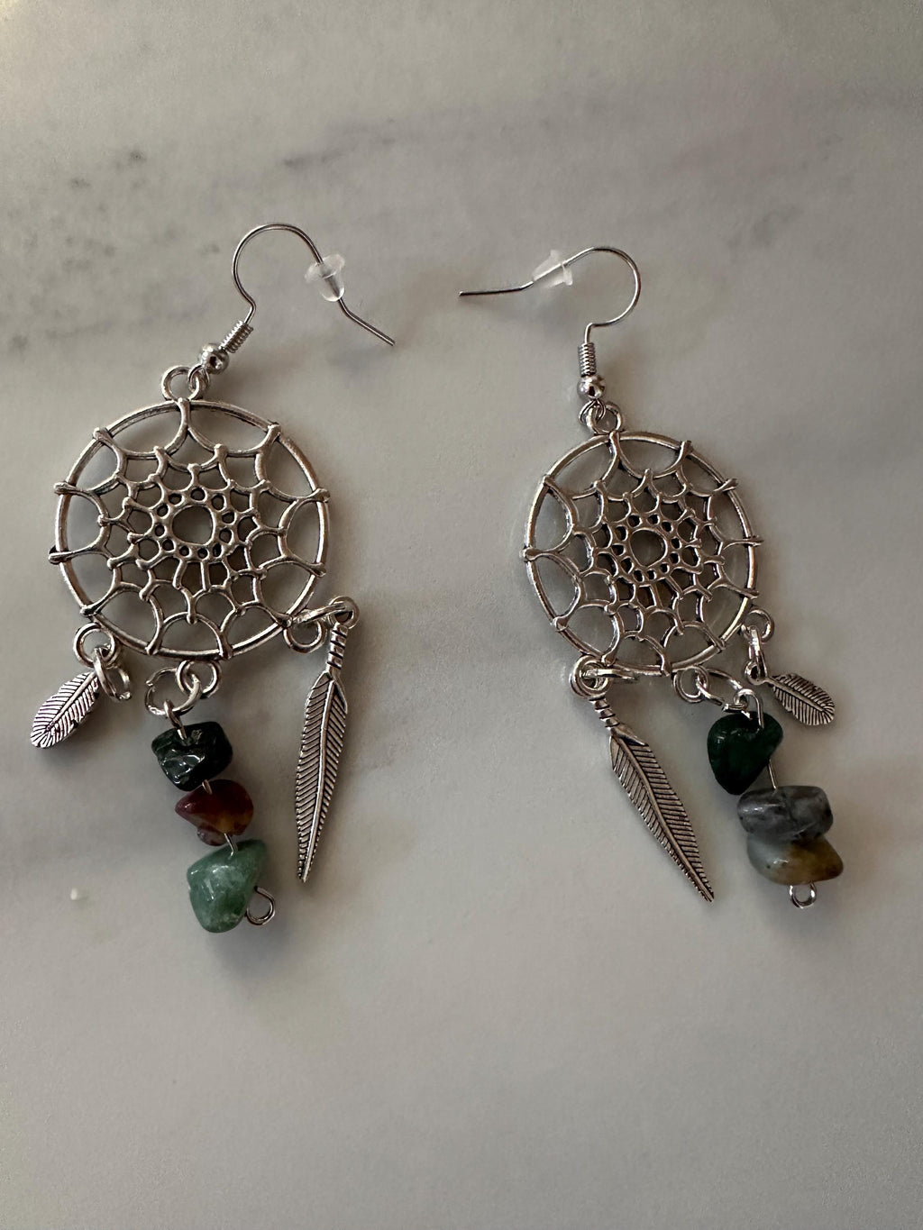 Indian Agate Antique Silver Dream Catcher Earrings