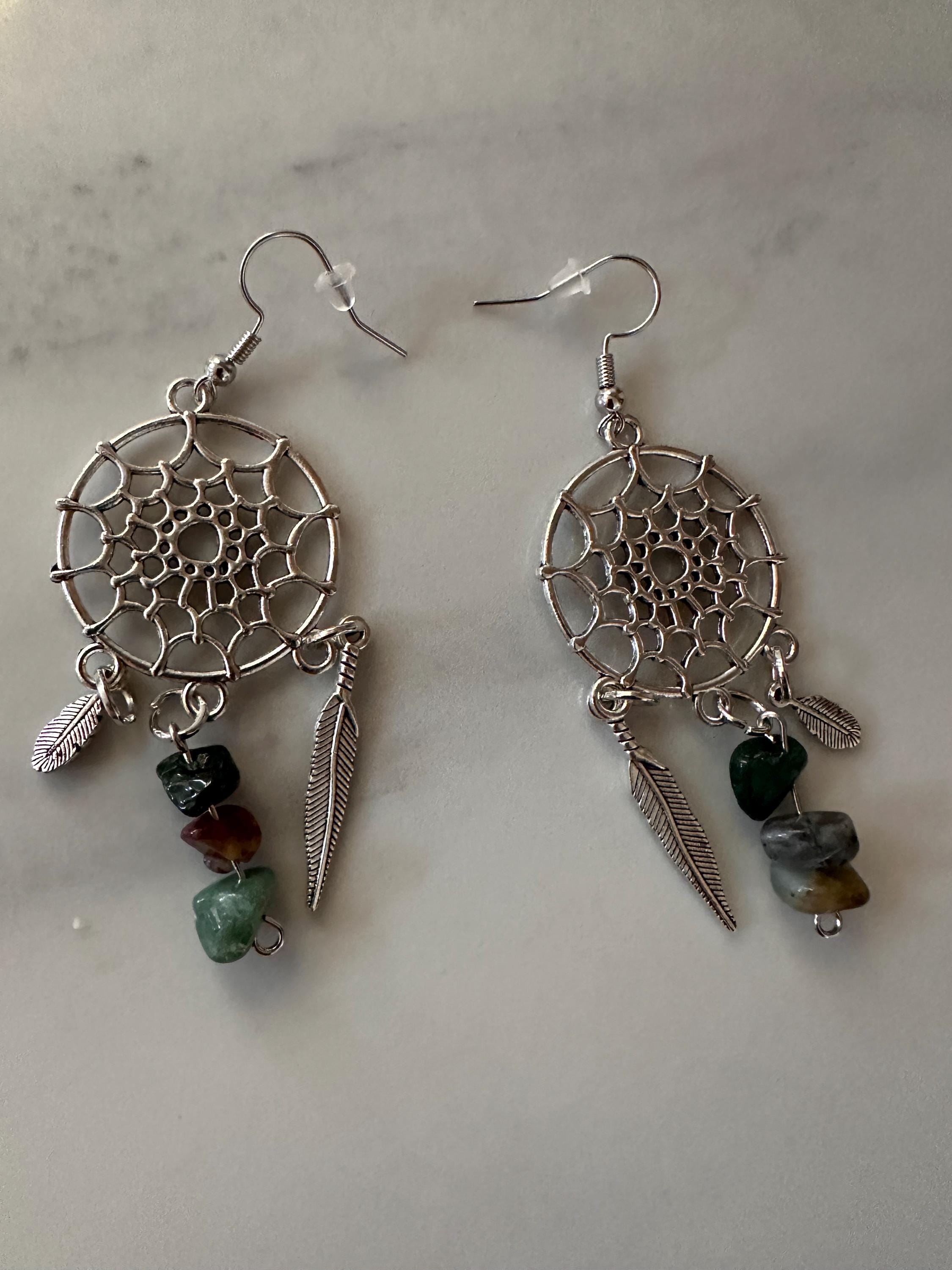 Indian Agate Antique Silver Dream Catcher Earrings