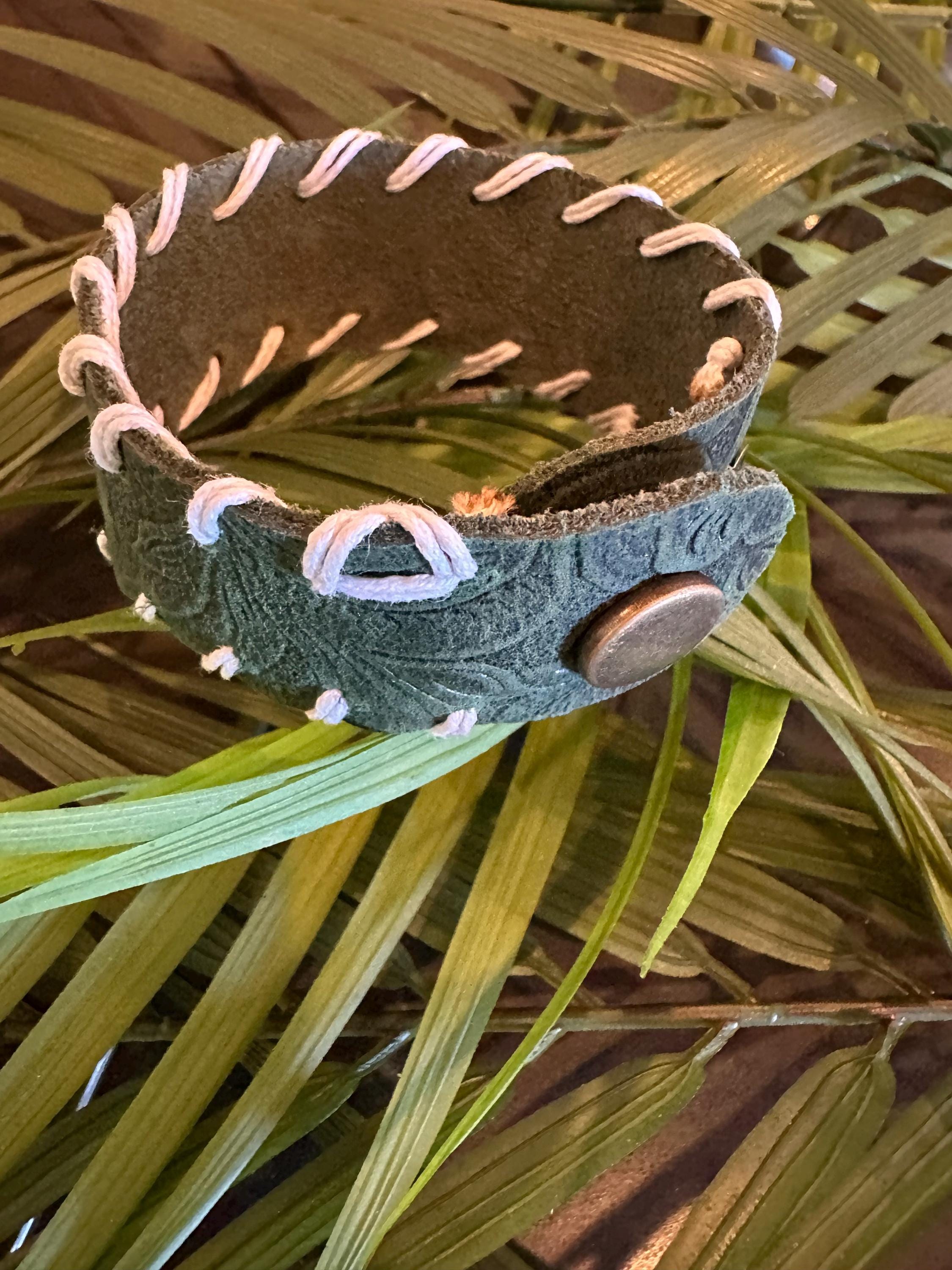 Leather Cuff Bracelet: Dark Tooled Green, Threaded, Bronze Snap, Adjustable