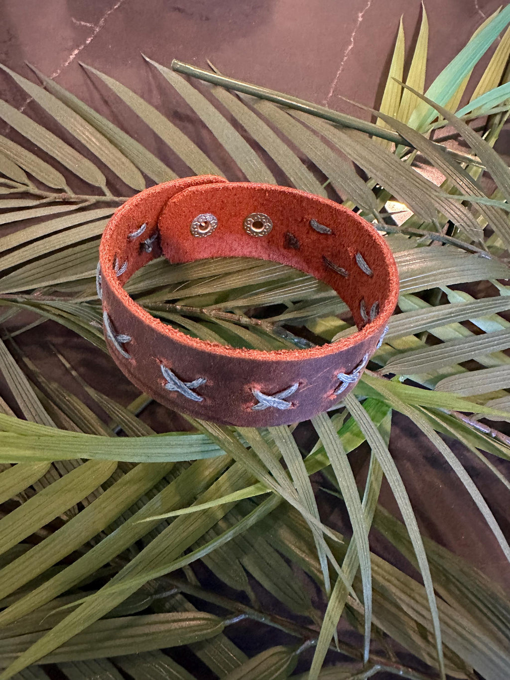 Leather Cuff Bracelet: Dark Brown, Threaded, Bronze Snap, Adjustable