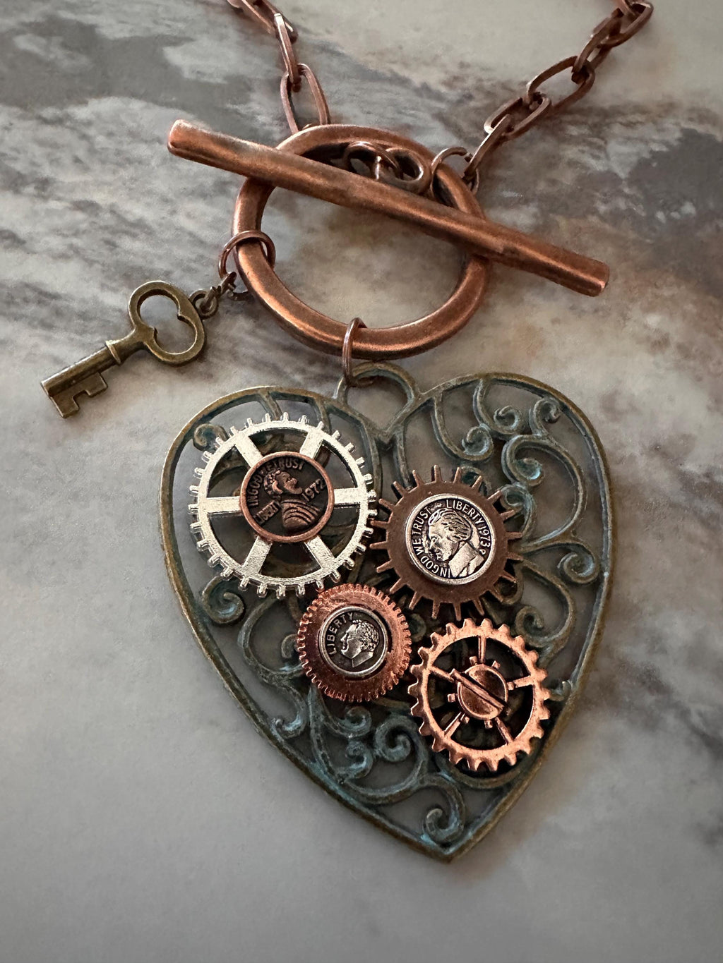 Copper Steampunk Heart Necklace: Patina, Bronze Key & Gears
