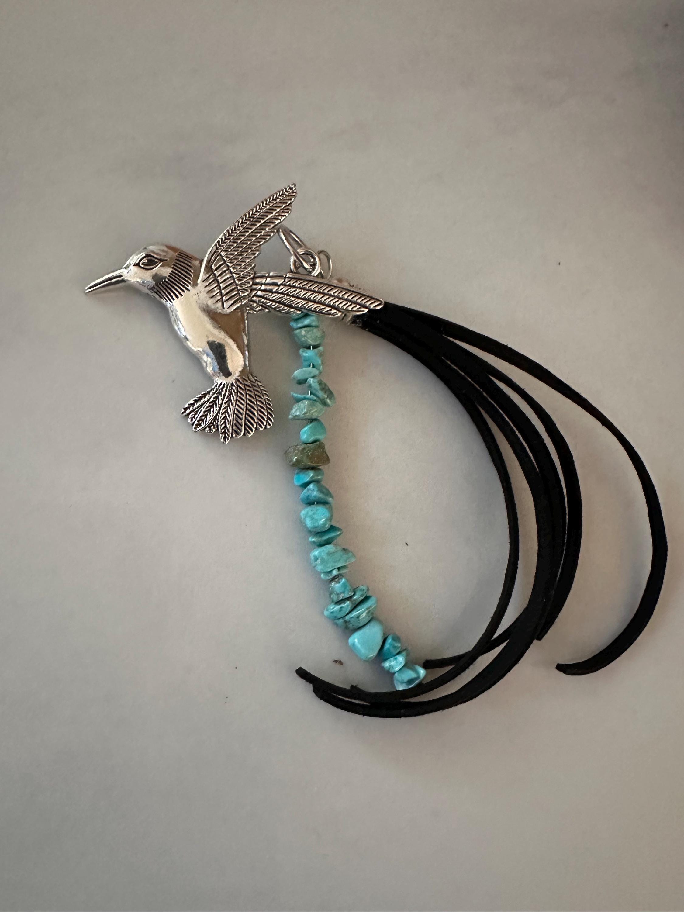 Car-Rear View Mirror Hummingbird Turquoise Color Stone, Leather Cord, Stainless Steel Ball Chain