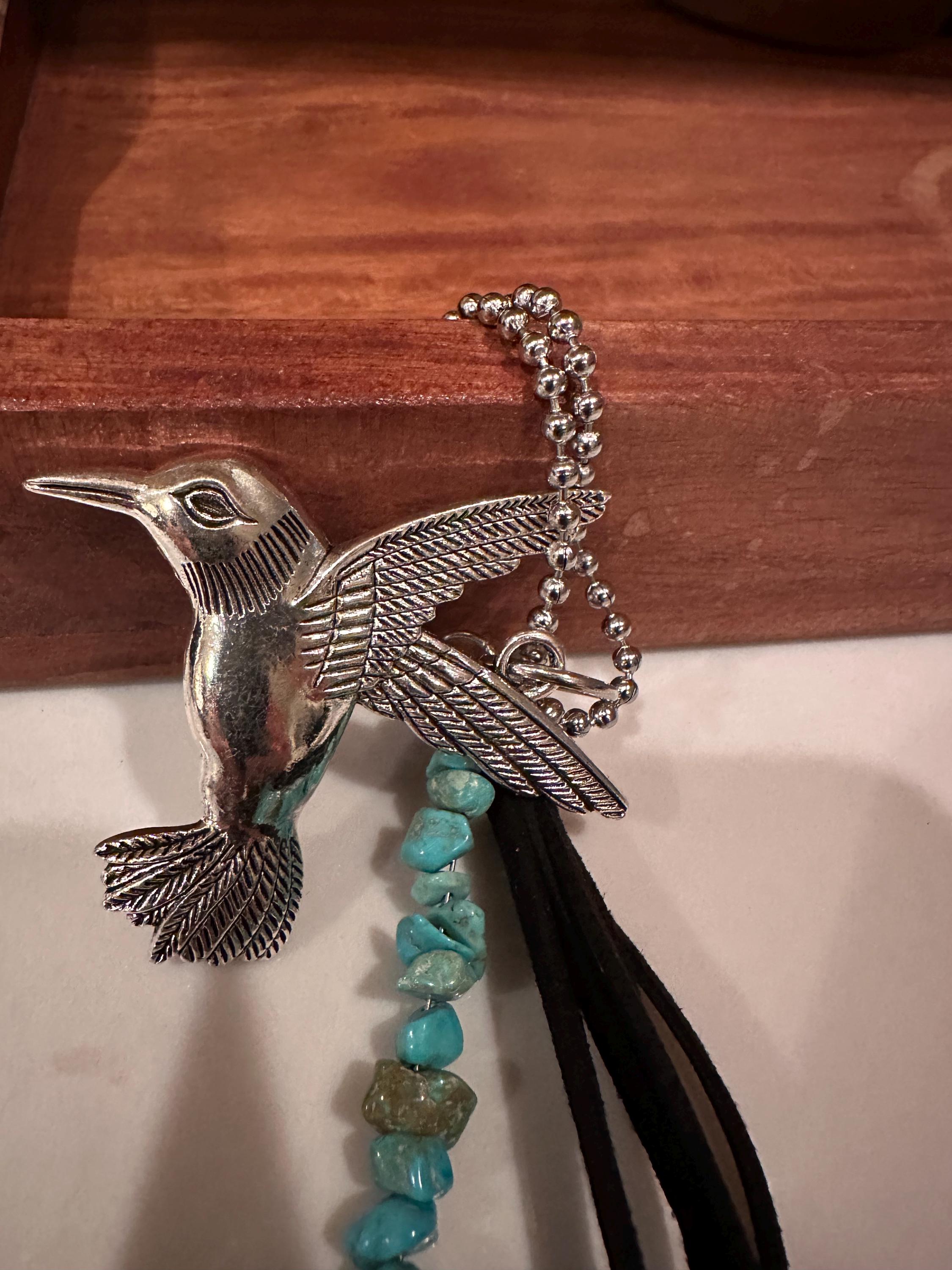 Car-Rear View Mirror Hummingbird Turquoise Color Stone, Leather Cord, Stainless Steel Ball Chain