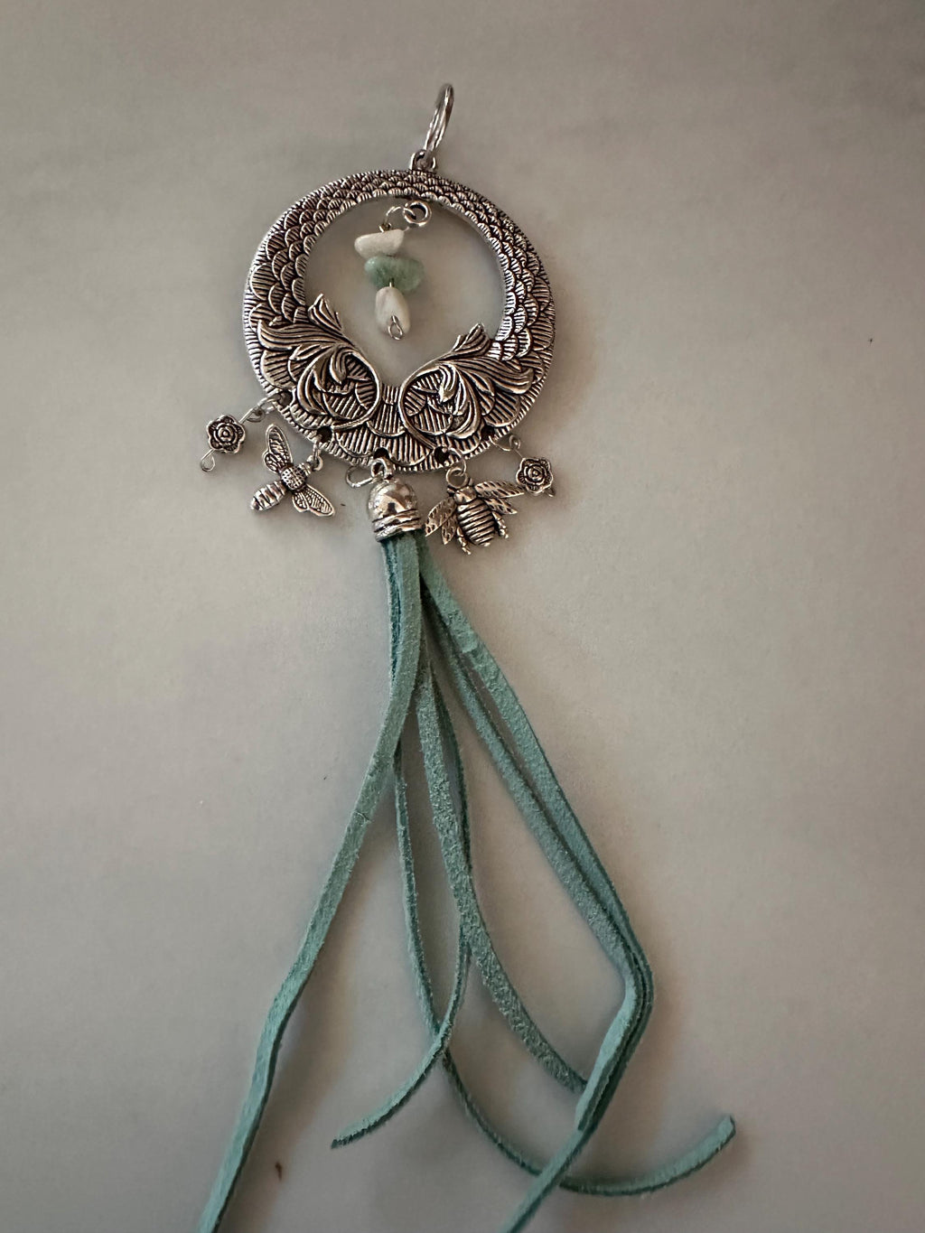 Car-Rear View Mirror Flower, Bees, Amazonite Stone, Leather Cord, Stainless Steel Ball Chain