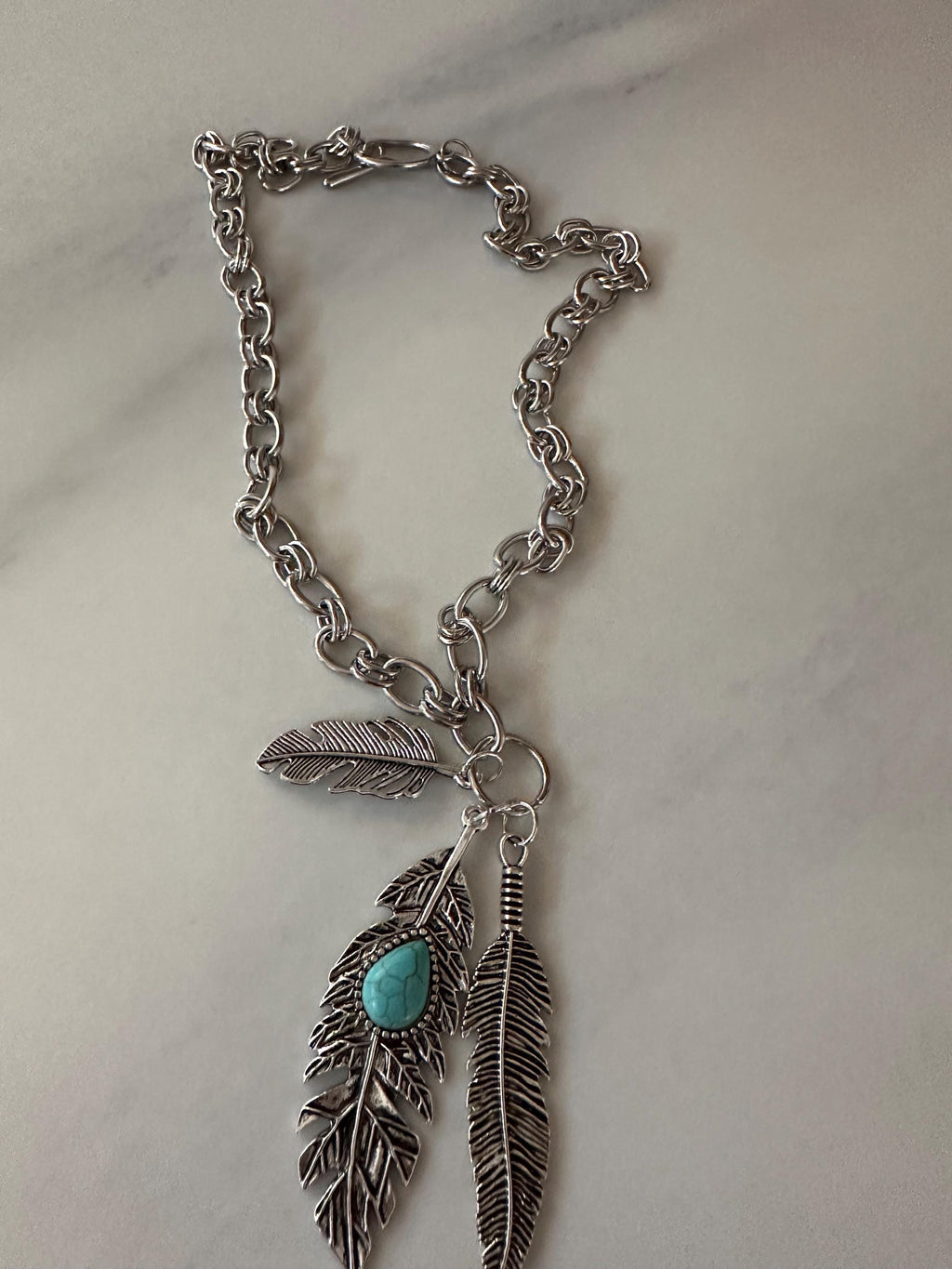 Antique Silver Feathers on Stainless Steel Chain