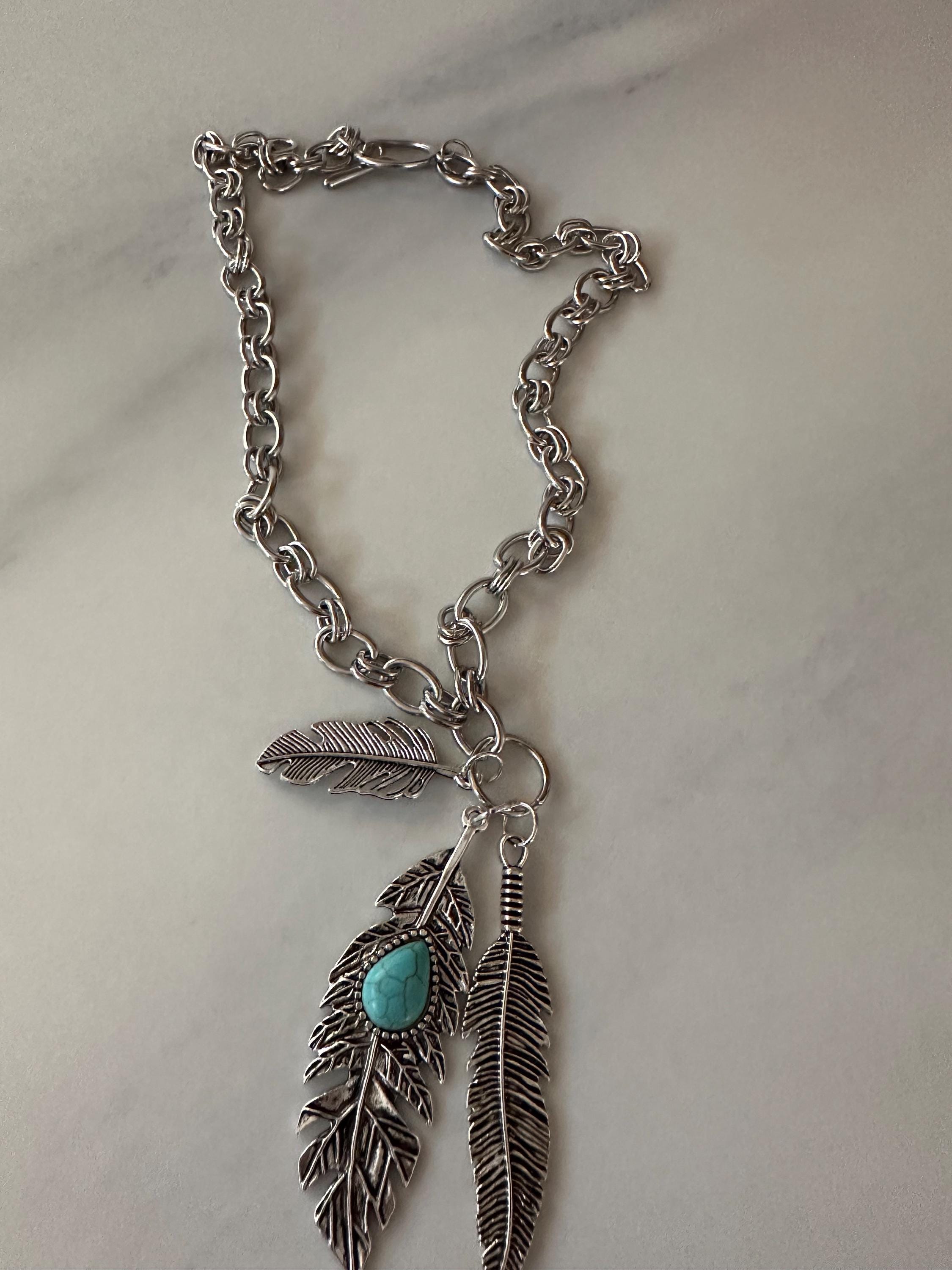 Antique Silver Feathers on Stainless Steel Chain