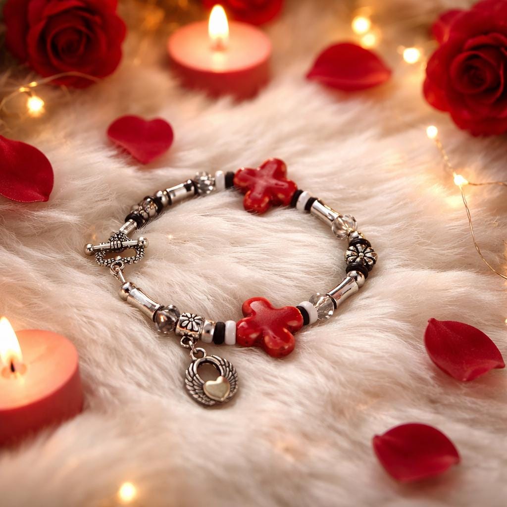 Bracelet,  Red Ceramic bead and stainless beads