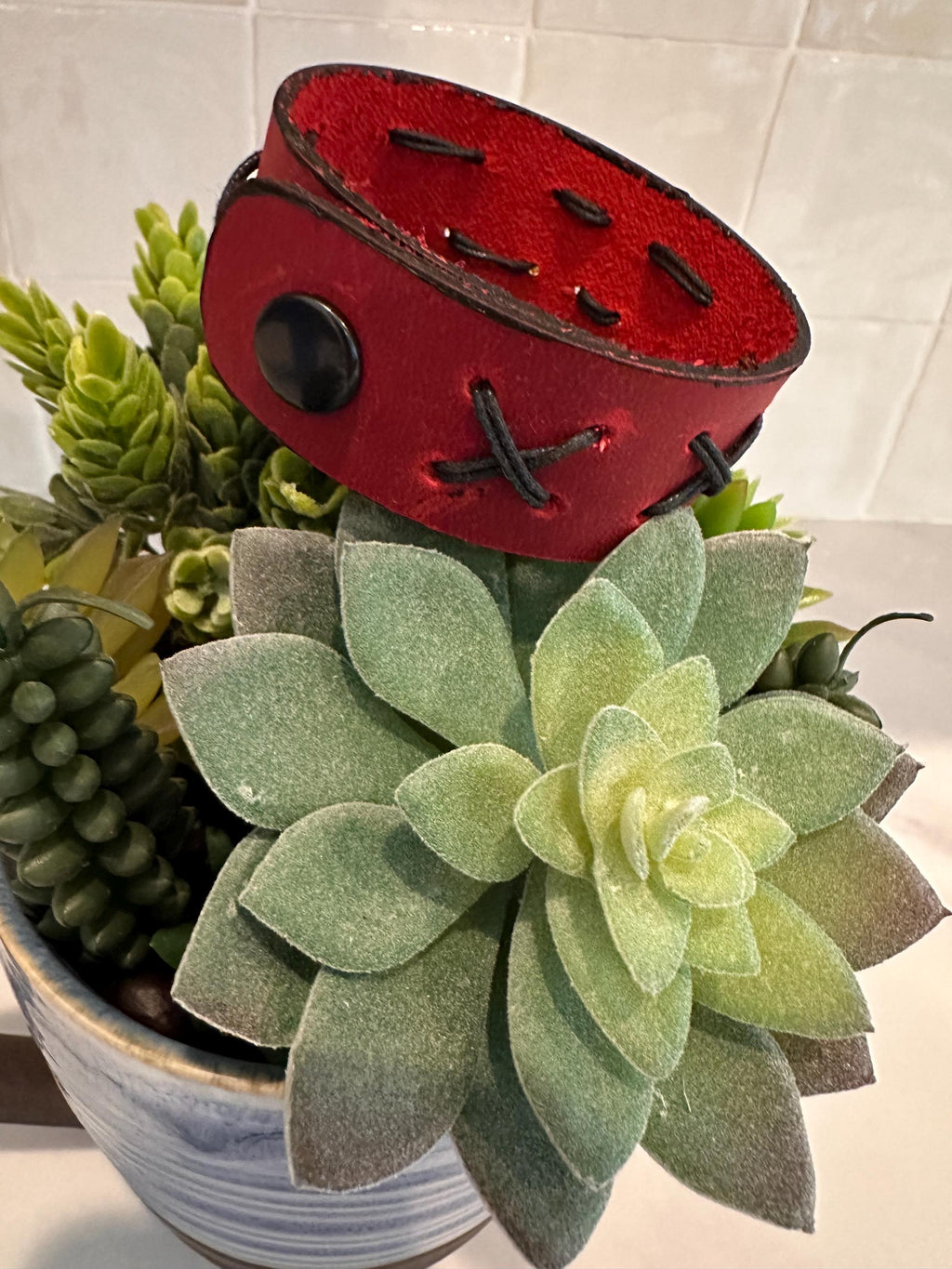 Leather Cuff Bracelet: Red, Threaded, Black Snap, Adjustable