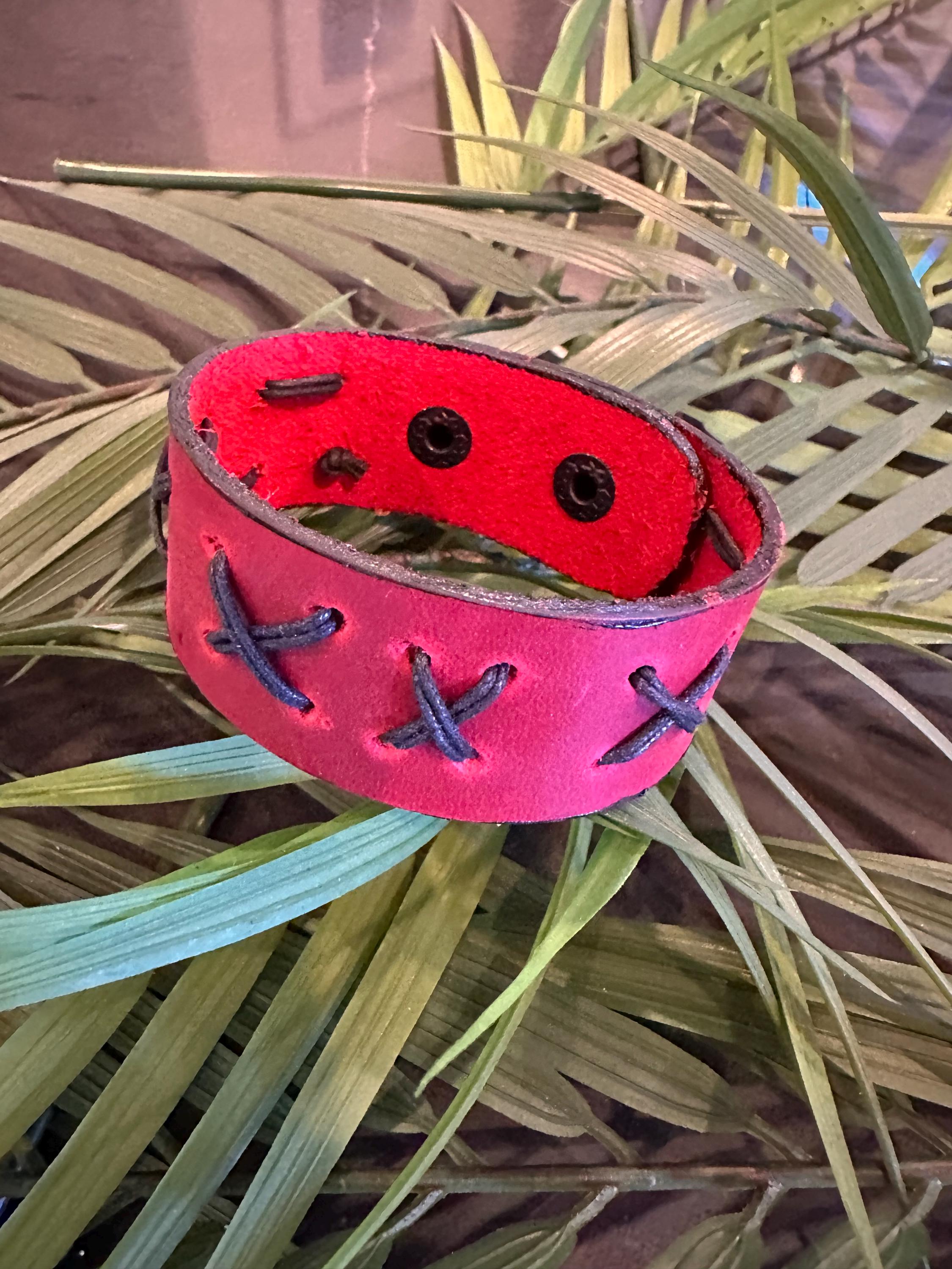 Leather Cuff Bracelet: Red, Threaded, Black Snap, Adjustable