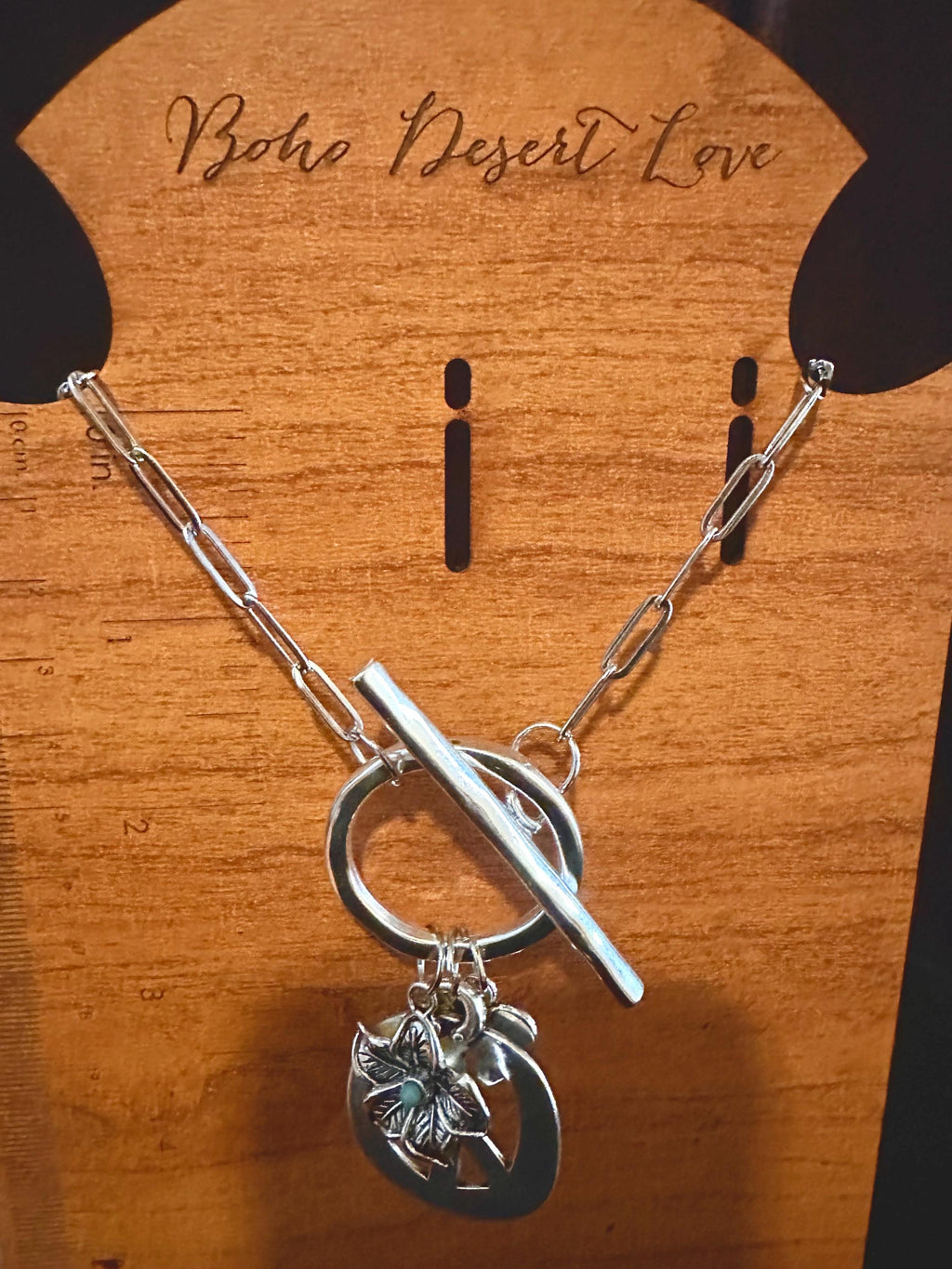 Silver Tone Peace, charm, paper clip chain with toggle clasp