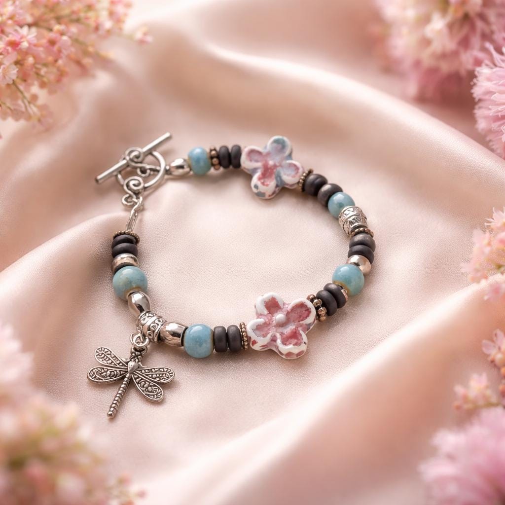 Bracelet,  Dragonfly, Ceramic beads with a combination of stainless beads