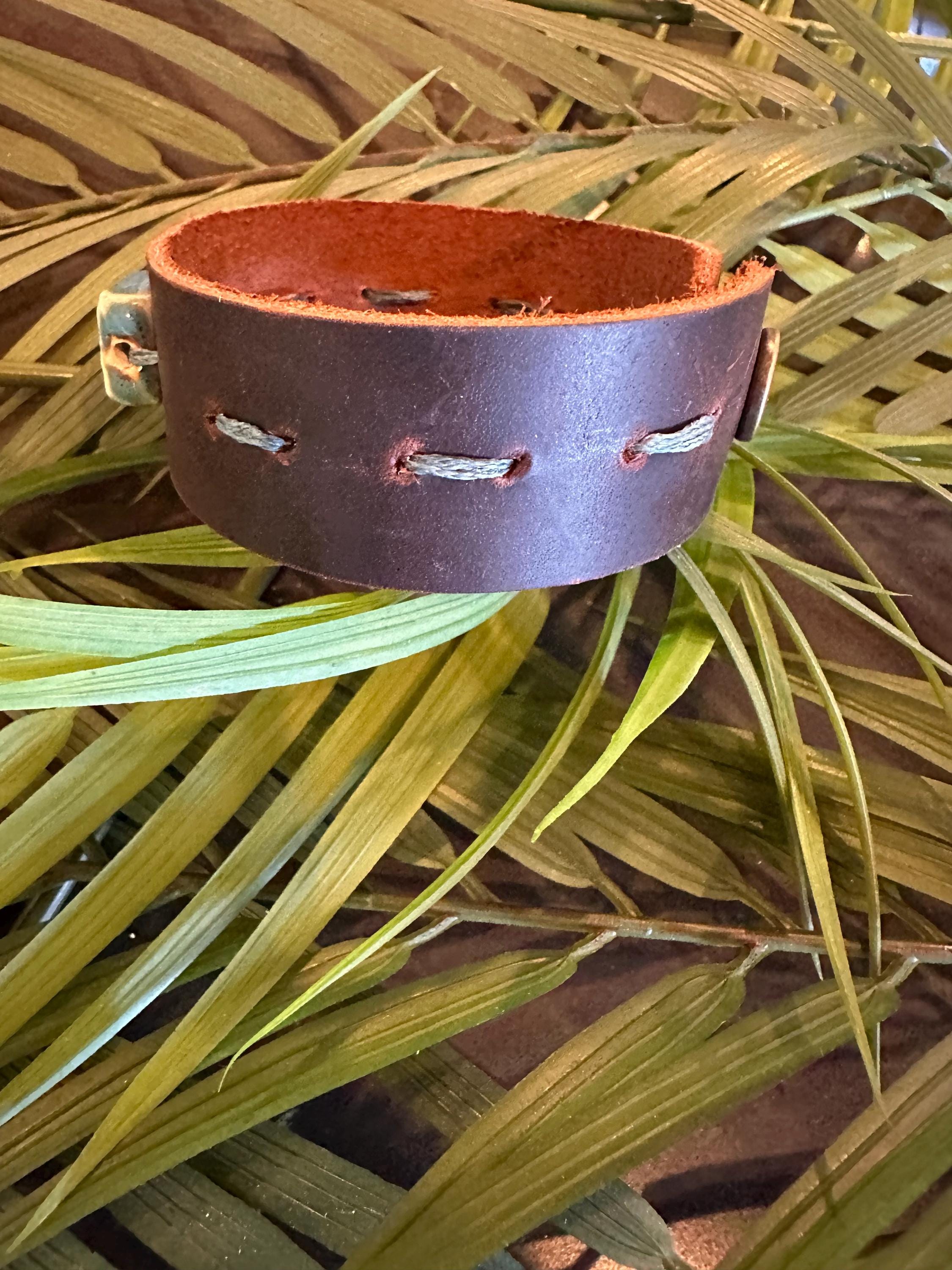 Leather Cuff Bracelet: Dark Brown, Threaded, Blue Ceramic Bead, Bronze Snap, Adjustable
