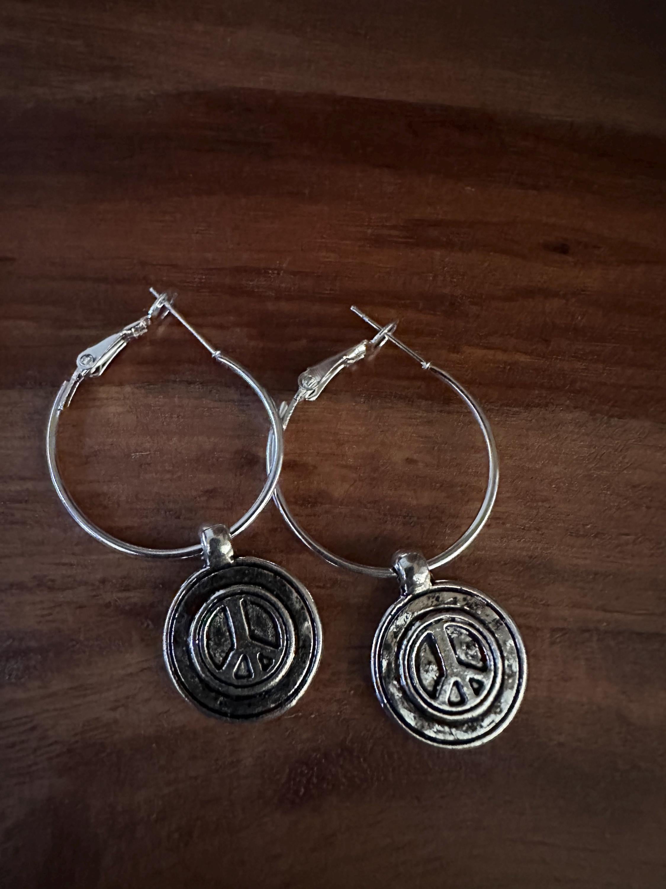 Silver Hoops  25mm with Peace silver charm