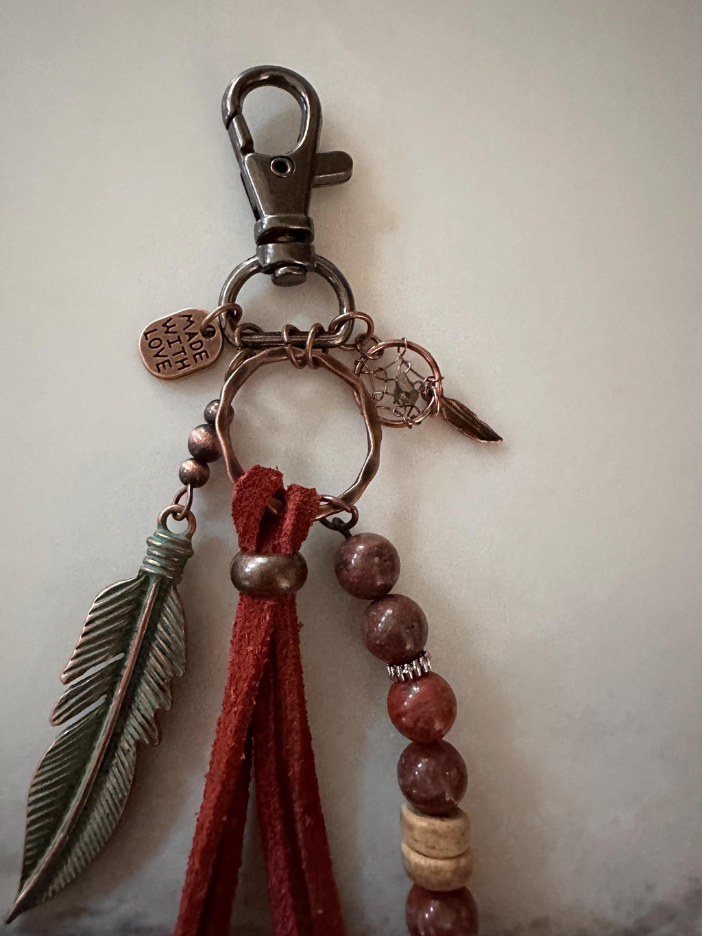 Key Chain, Gun Metal Black,  Leather, Copper Feather, Agate, Silver, Glass Beads and Charms