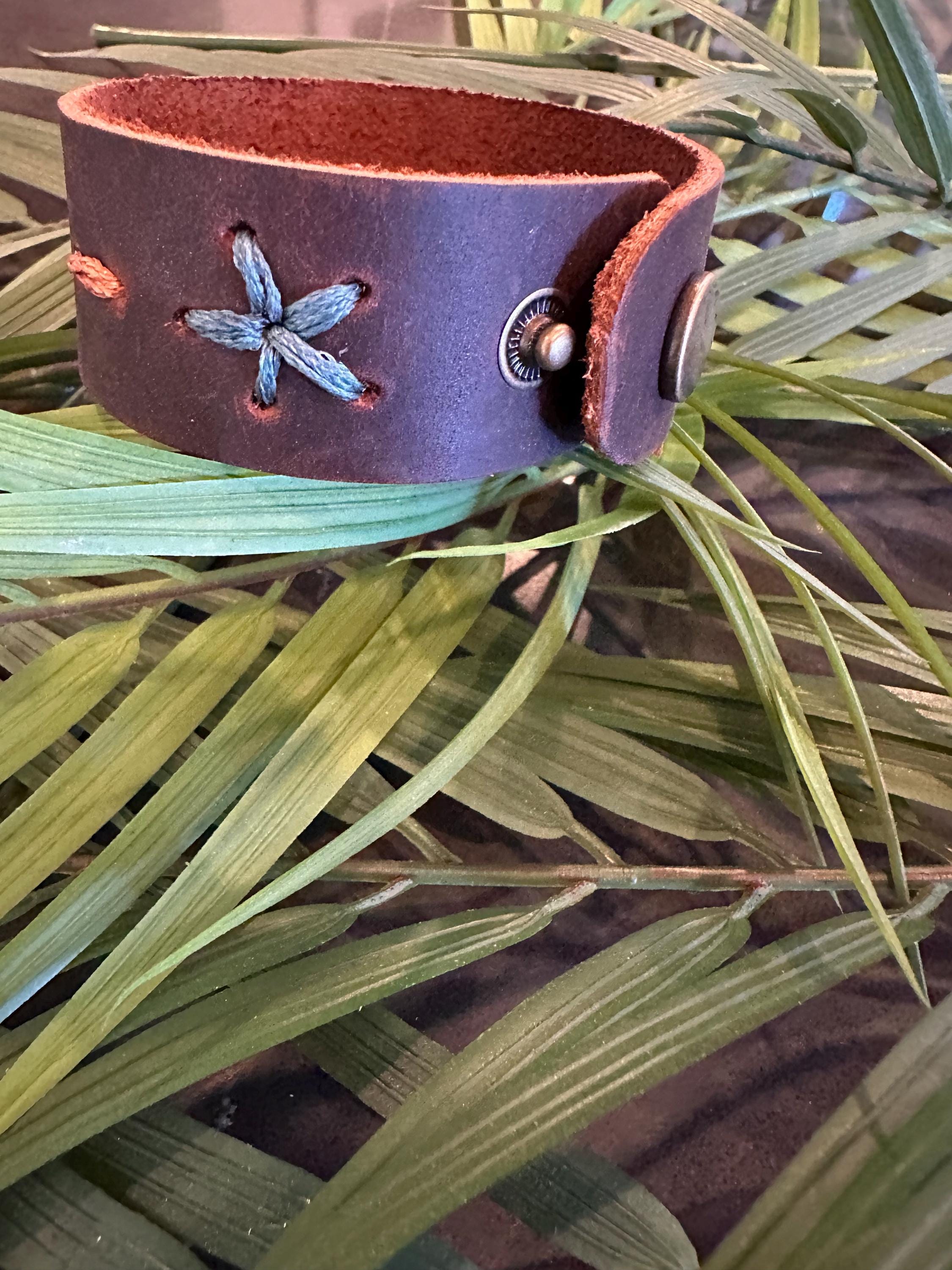 Leather Cuff Bracelet: Dark Brown, Threaded, Bronze Snap, Adjustable