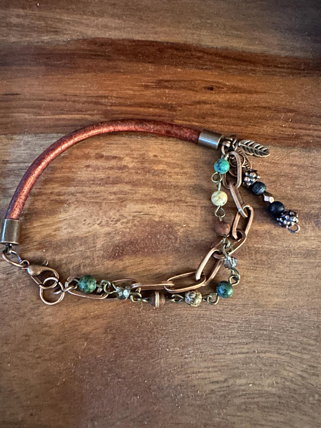 Leather Bracelet: Bronze, African Bead, Copper Chain