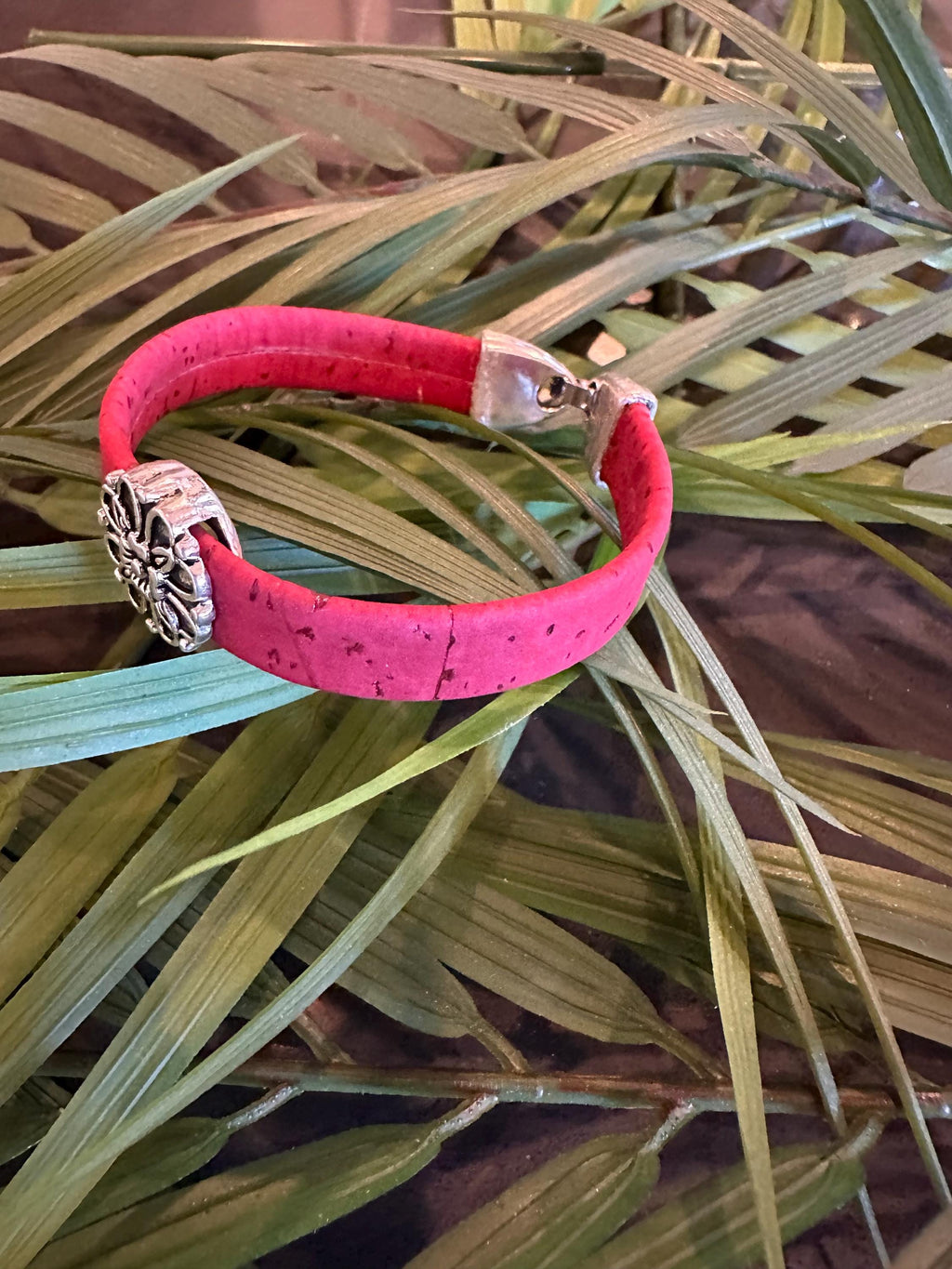Cork Cuff Bracelet: Red, Antique Silver Flower Slider, Silver Clasp