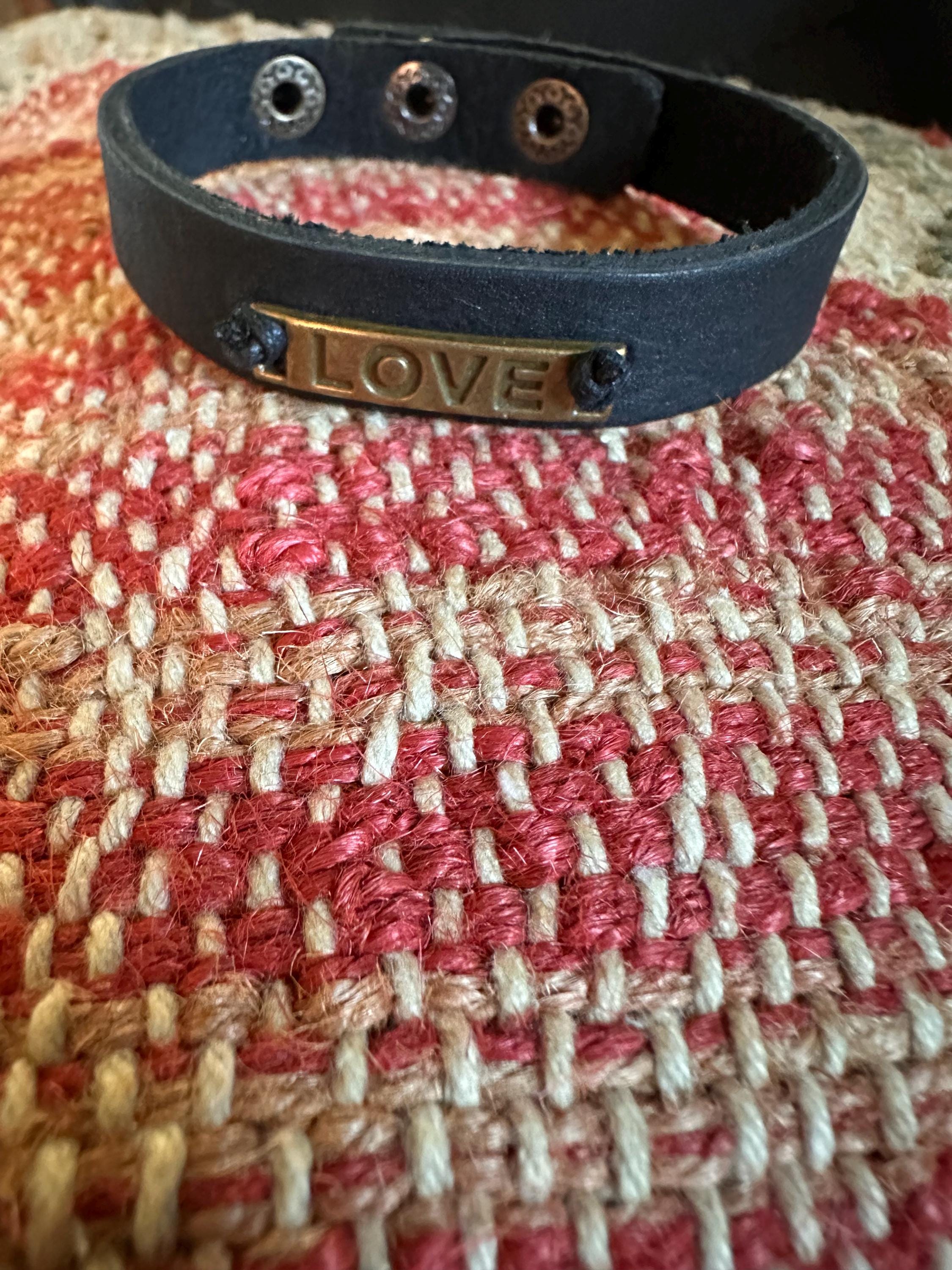 Leather Cuff Bracelet:  Black, Love, Adjustable