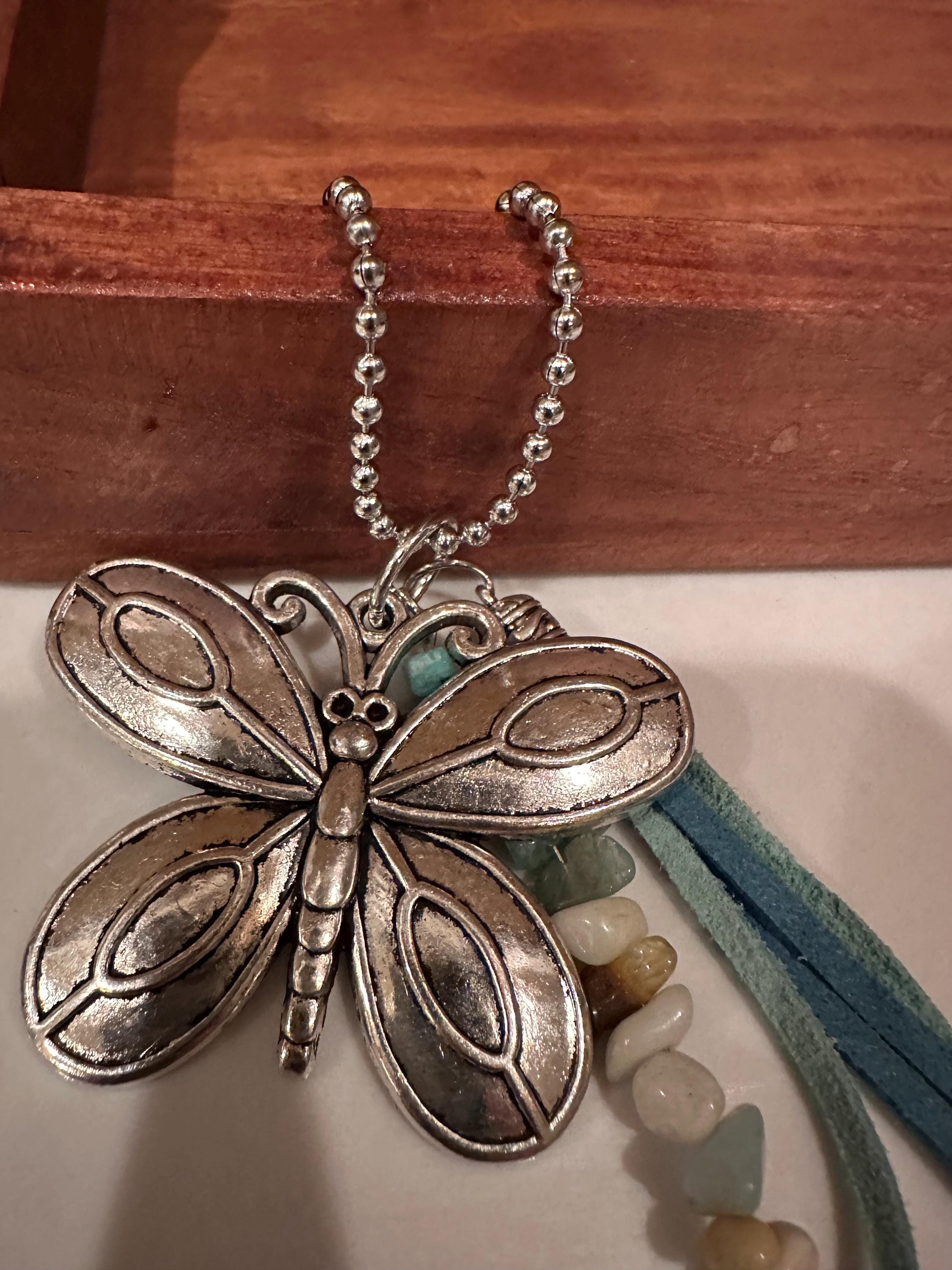 Car-Rear View Mirror Butterfly Amazonite Stone, Leather Cord, Stainless Steel Ball Chain