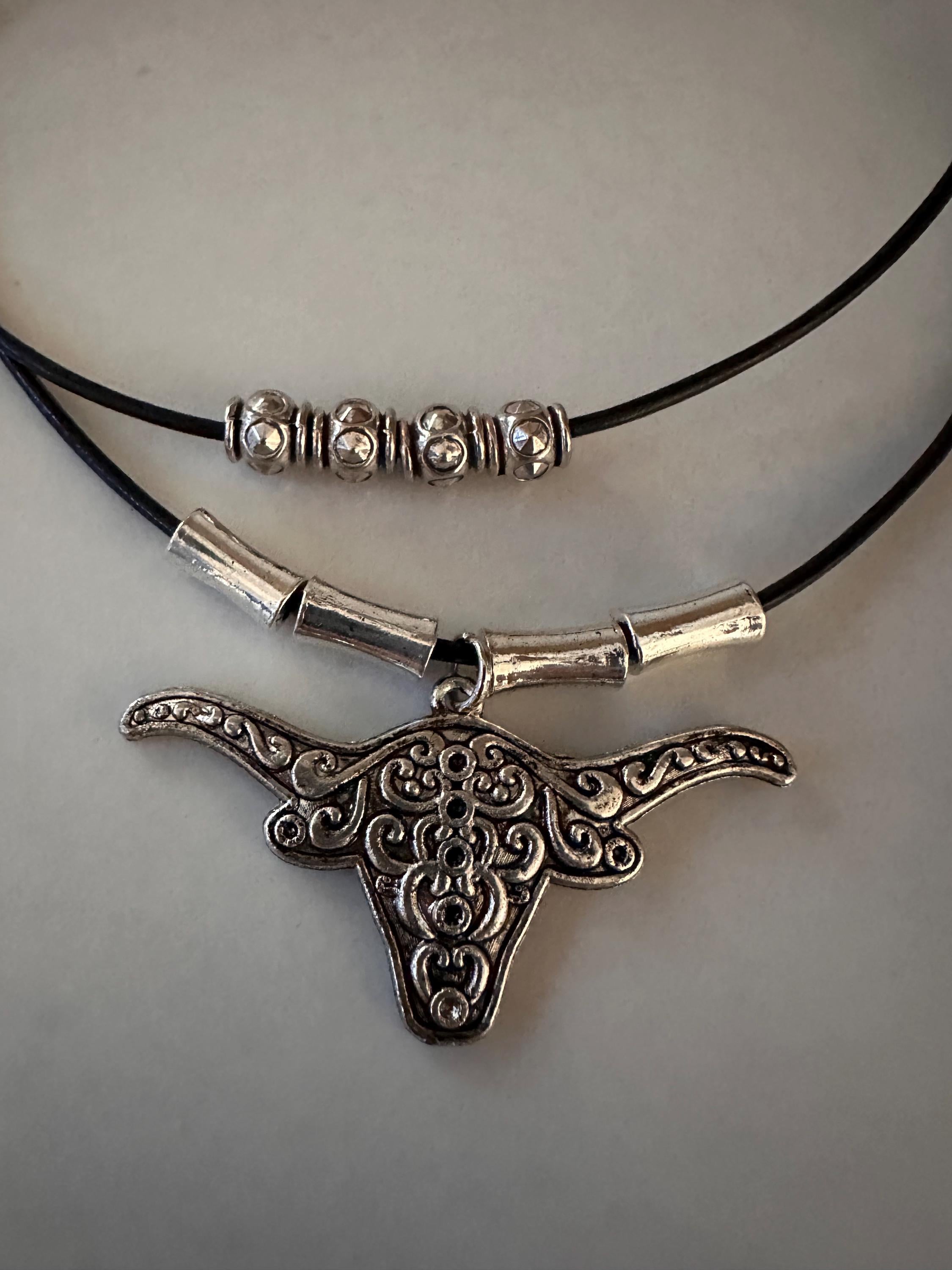 Antique Silver Steer: Silver Beads, Black Leather Cord