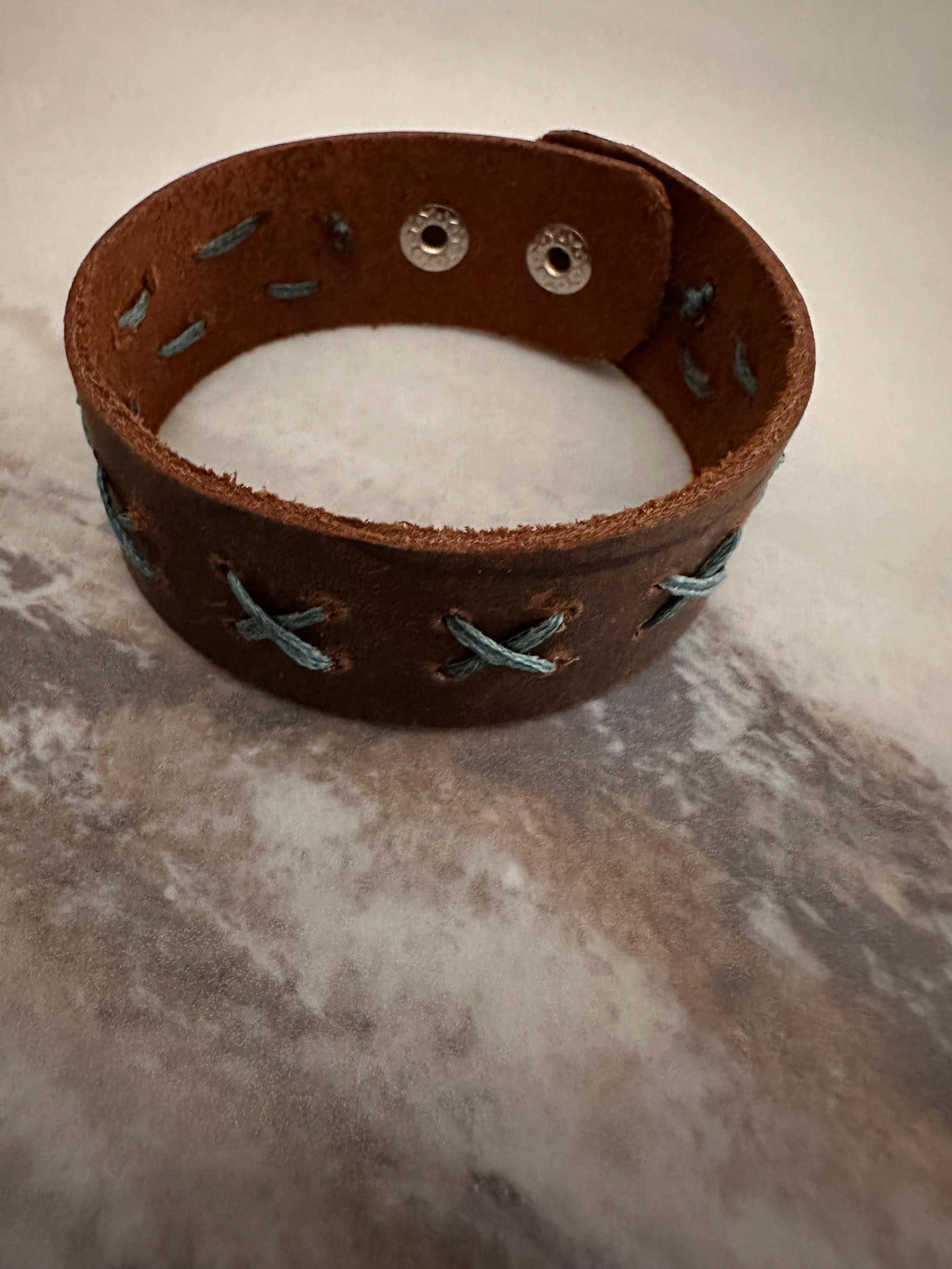 Leather Cuff Bracelet: Dark Brown, Threaded, Bronze Snap, Adjustable