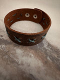 Cuff Bracelet, Leather, Dark Brown, Threaded, Bronze Snap, Adjustable