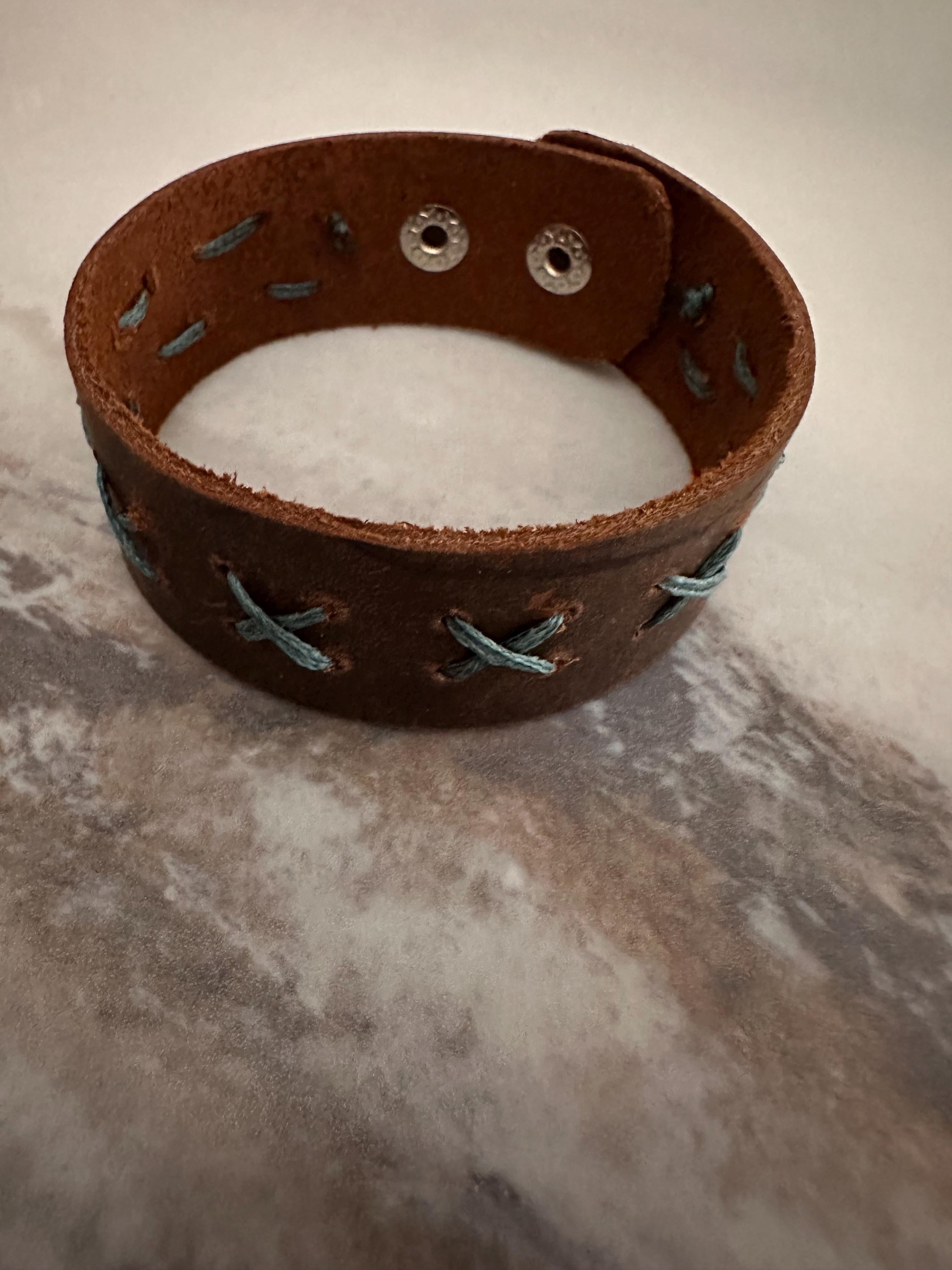 Leather Cuff Bracelet: Dark Brown, Threaded, Bronze Snap, Adjustable