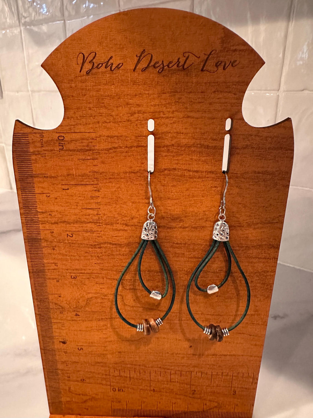 Teal Leather, Silver Alloy Beads, Wood Beads  with Stainless Steel Hooks