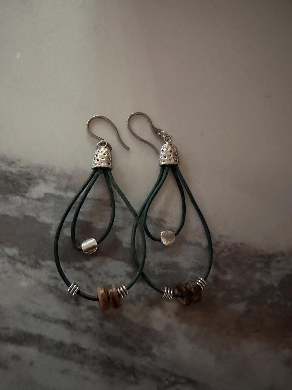 Teal Leather, Silver Alloy Beads, Wood Beads  with Stainless Steel Hooks