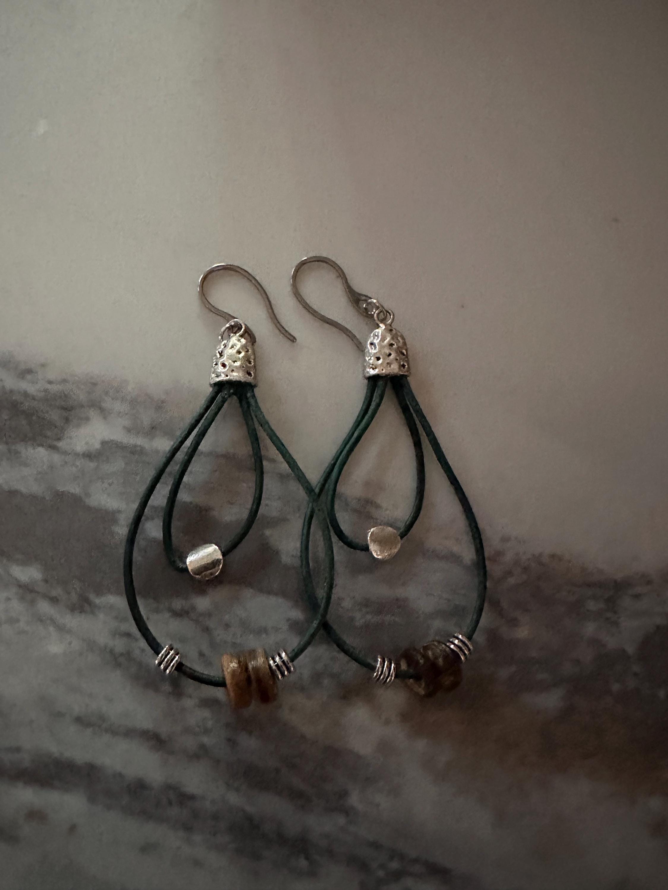 Teal Leather, Silver Alloy Beads, Wood Beads  with Stainless Steel Hooks