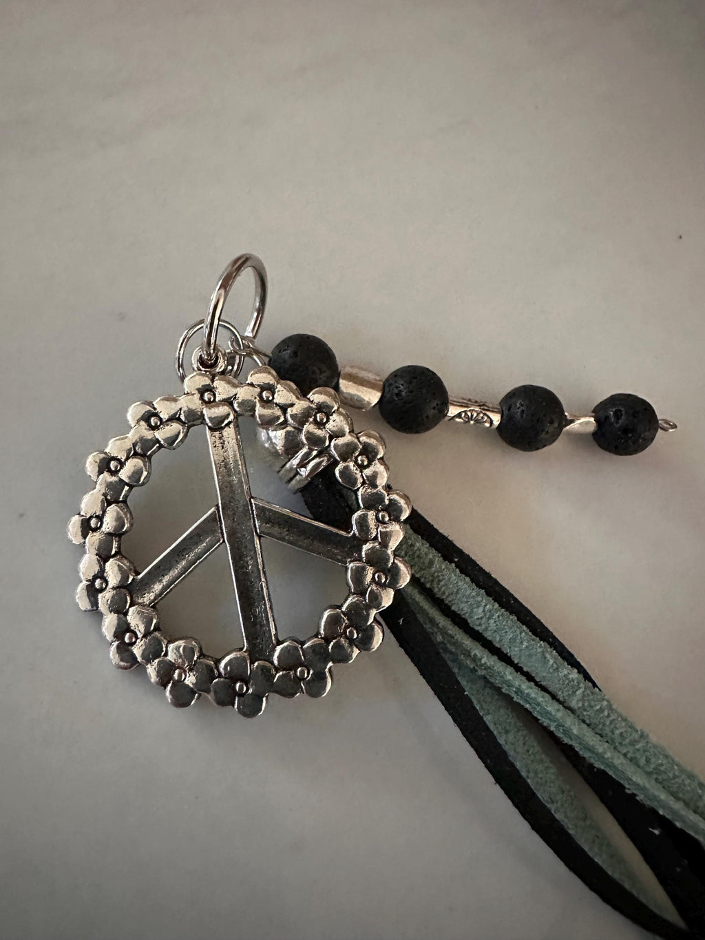 Car Rear View Mirror Peace Sign: Lava Stone, Leather Cord & Silver Beads