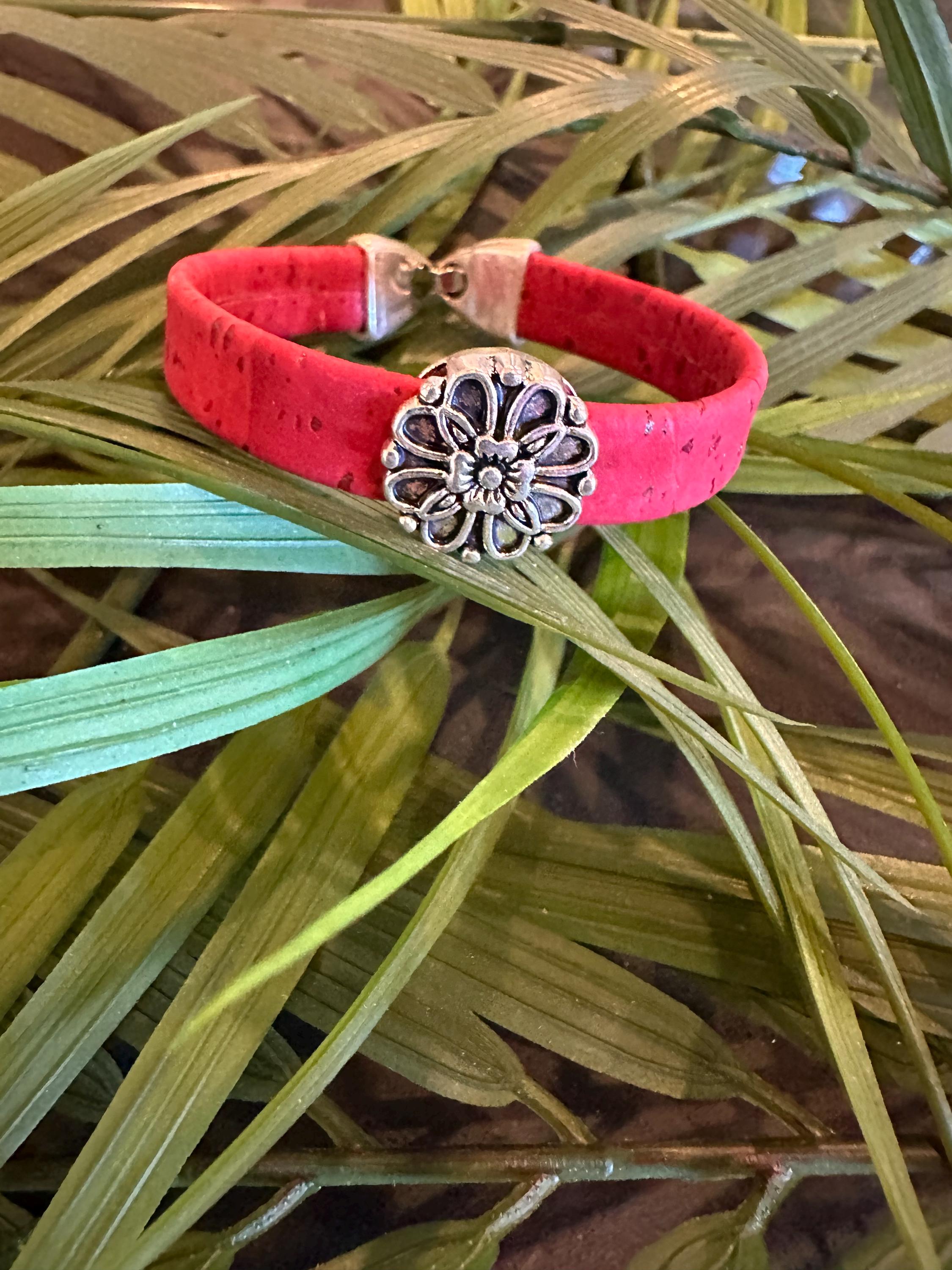 Cork Cuff Bracelet: Red, Antique Silver Flower Slider, Silver Clasp