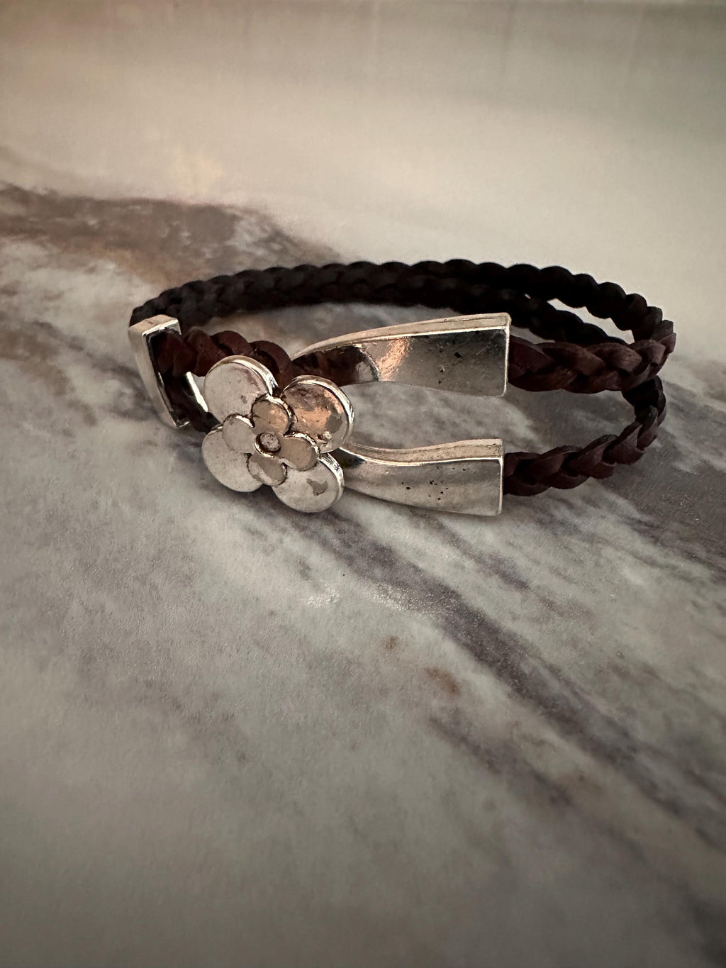 Leather Cuff Bracelet: Dark Brown, Braided, Silver Flower Hook