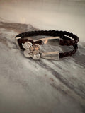 Bracelet, Leather, Dark Brown, Braided, Silver Flower Hook