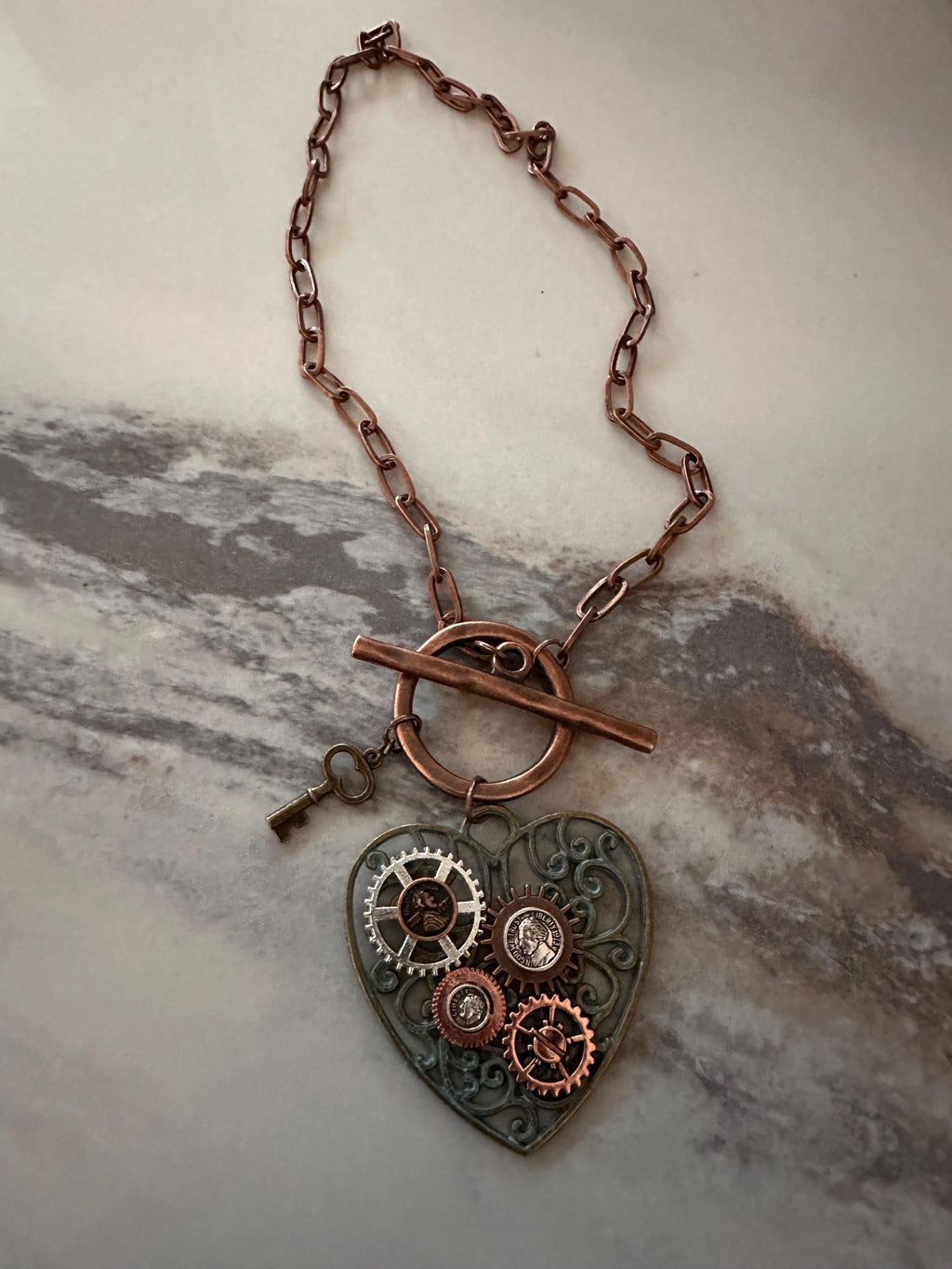 Copper Steampunk Heart Necklace: Patina, Bronze Key & Gears