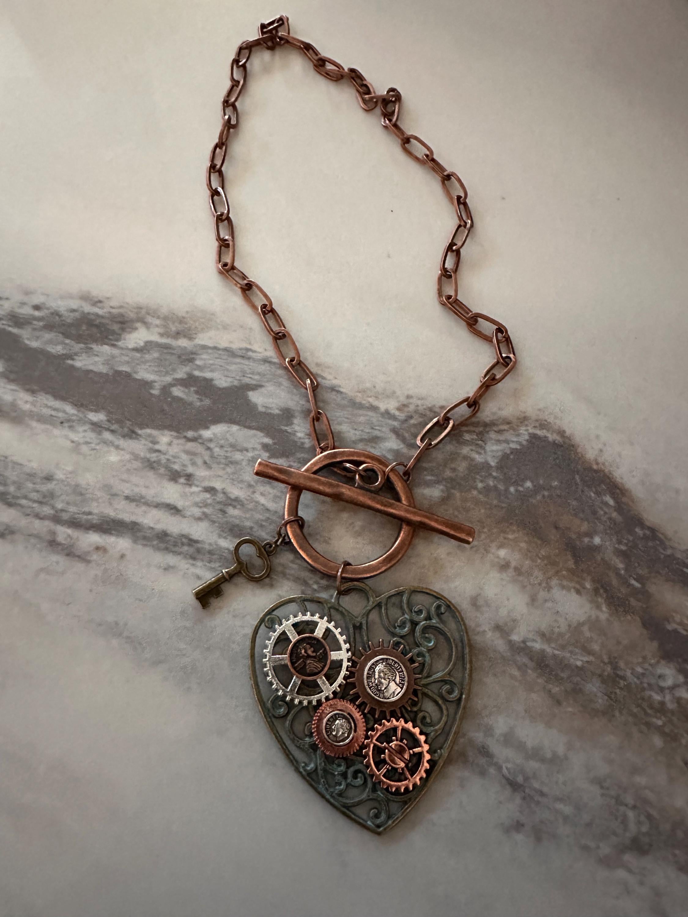 Copper Steampunk Heart Necklace: Patina, Bronze Key & Gears