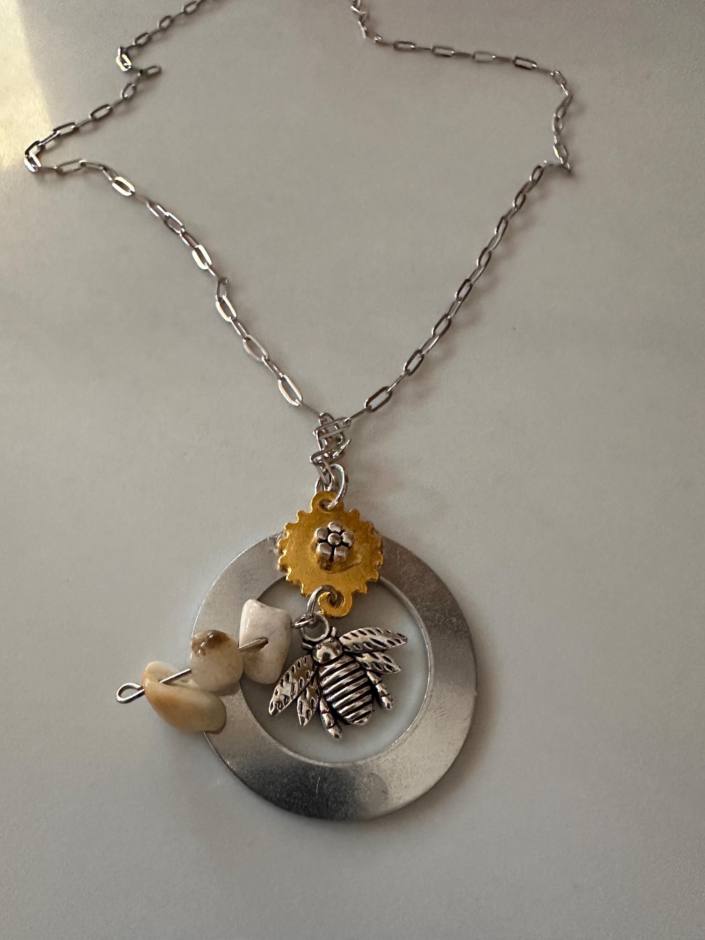 Amazonite, Bee Circle Pendant with Stainless steel 20” chain