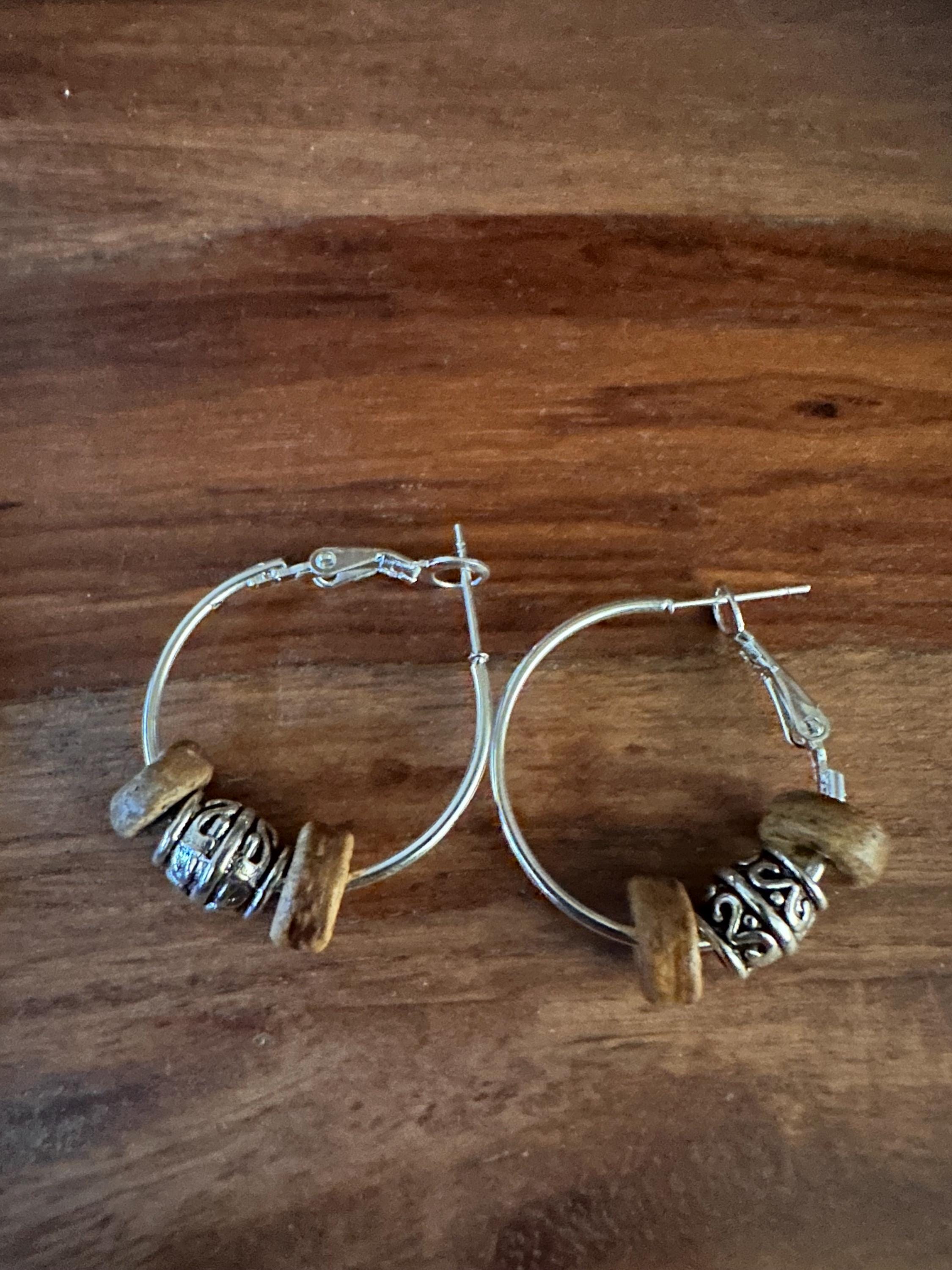 Silver Hoops  25mm with Wood  and Antique silver beads