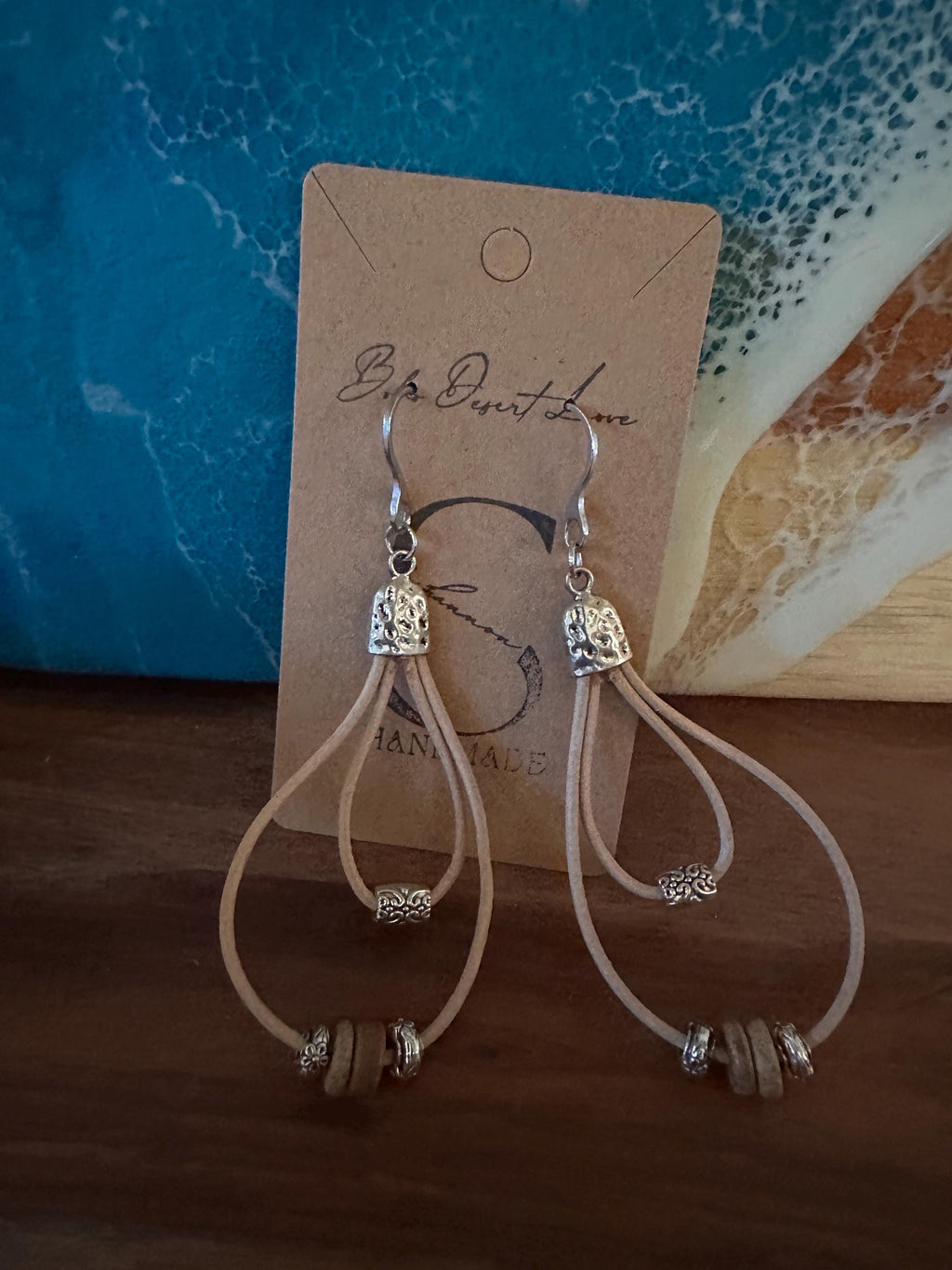 Earrings, Natural Leather, Silver Alloy Beads, Wood Beads with Stainless Steel Hooks