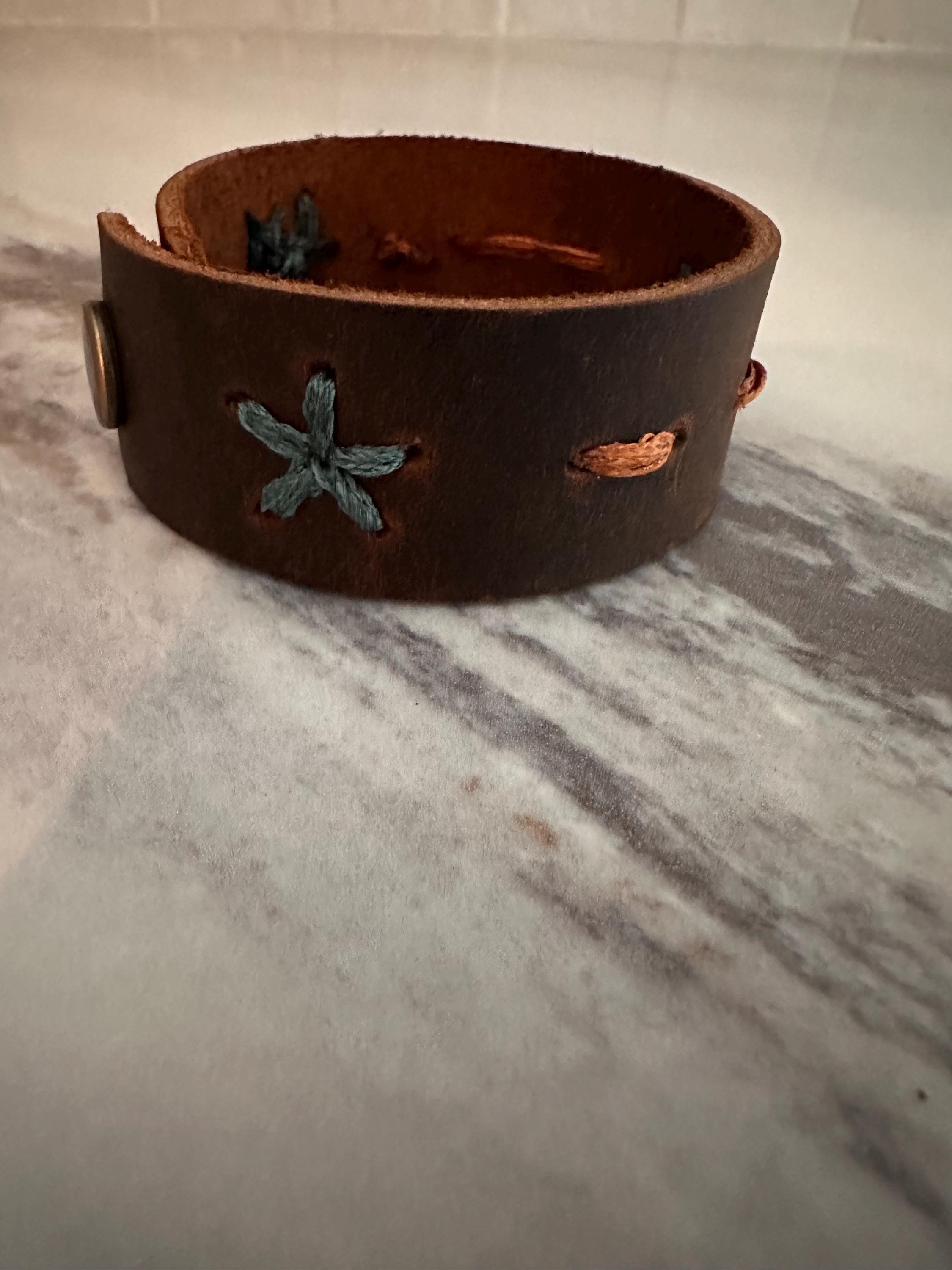 Leather Cuff Bracelet: Dark Brown, Threaded, Bronze Snap, Adjustable