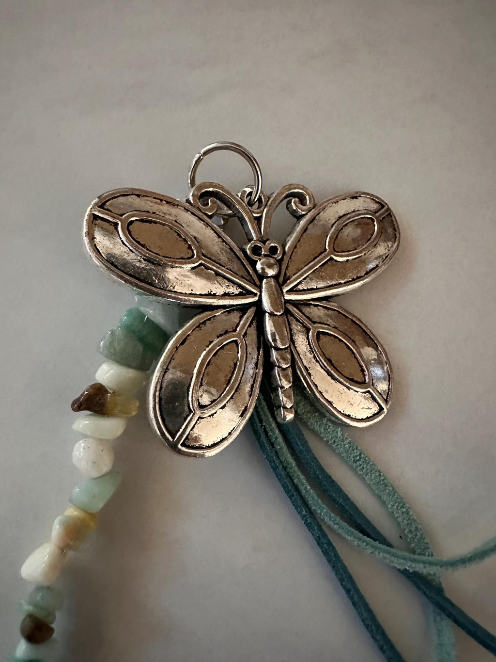 Car-Rear View Mirror Butterfly Amazonite Stone, Leather Cord, Stainless Steel Ball Chain