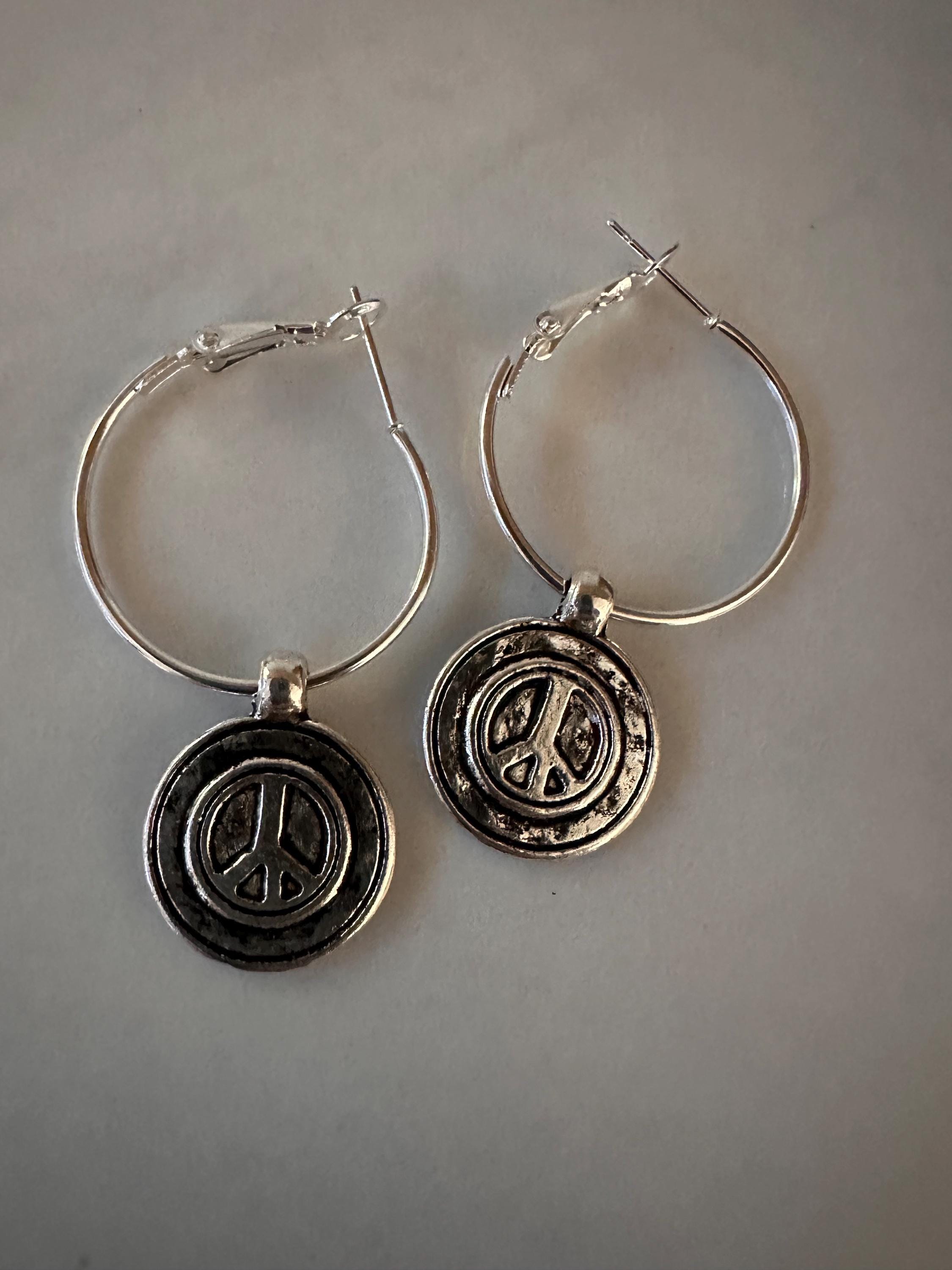 Silver Hoops  25mm with Peace silver charm