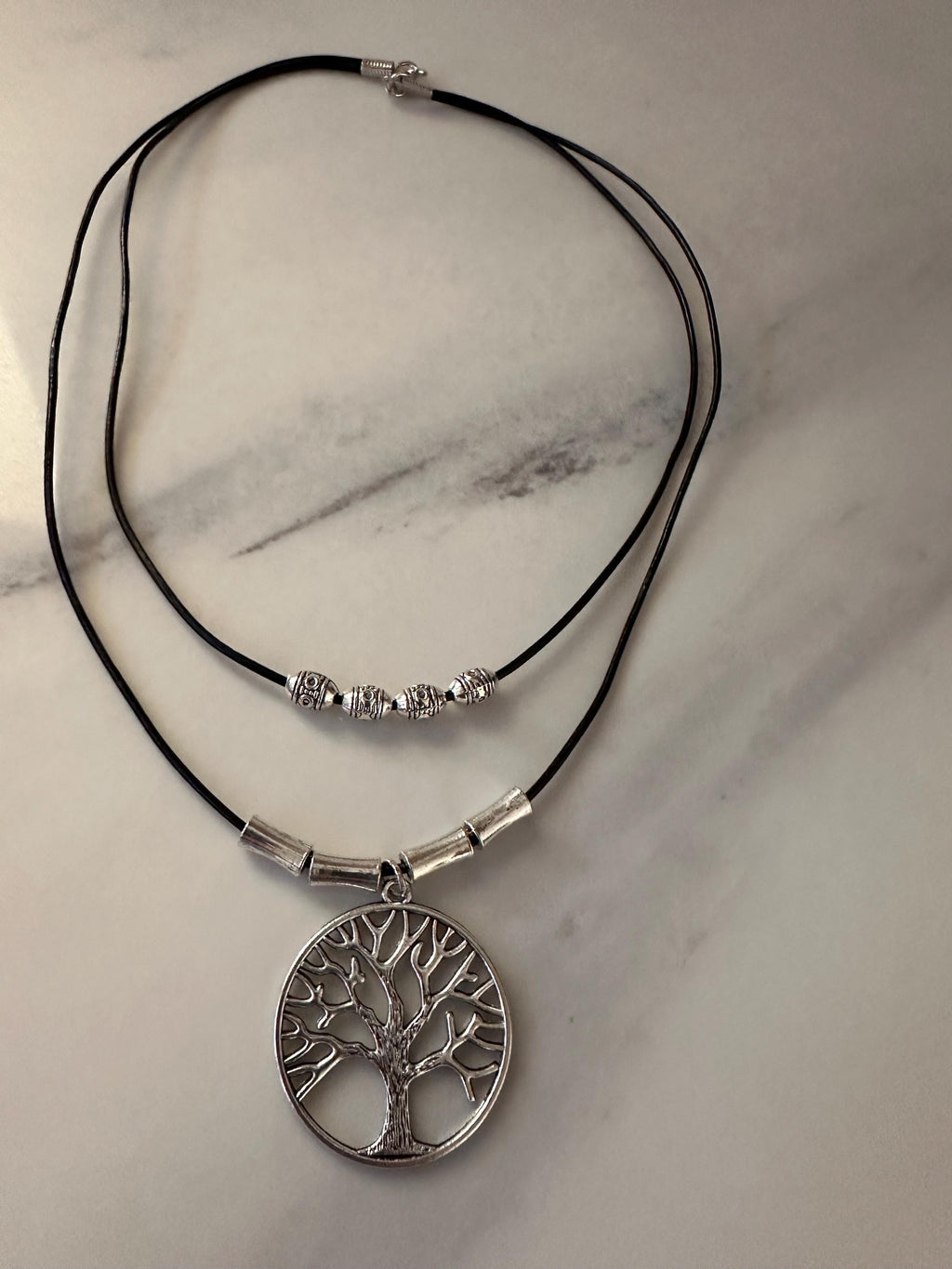 Antique Pewter Tree of Life with silver beads on double layered black leather cord