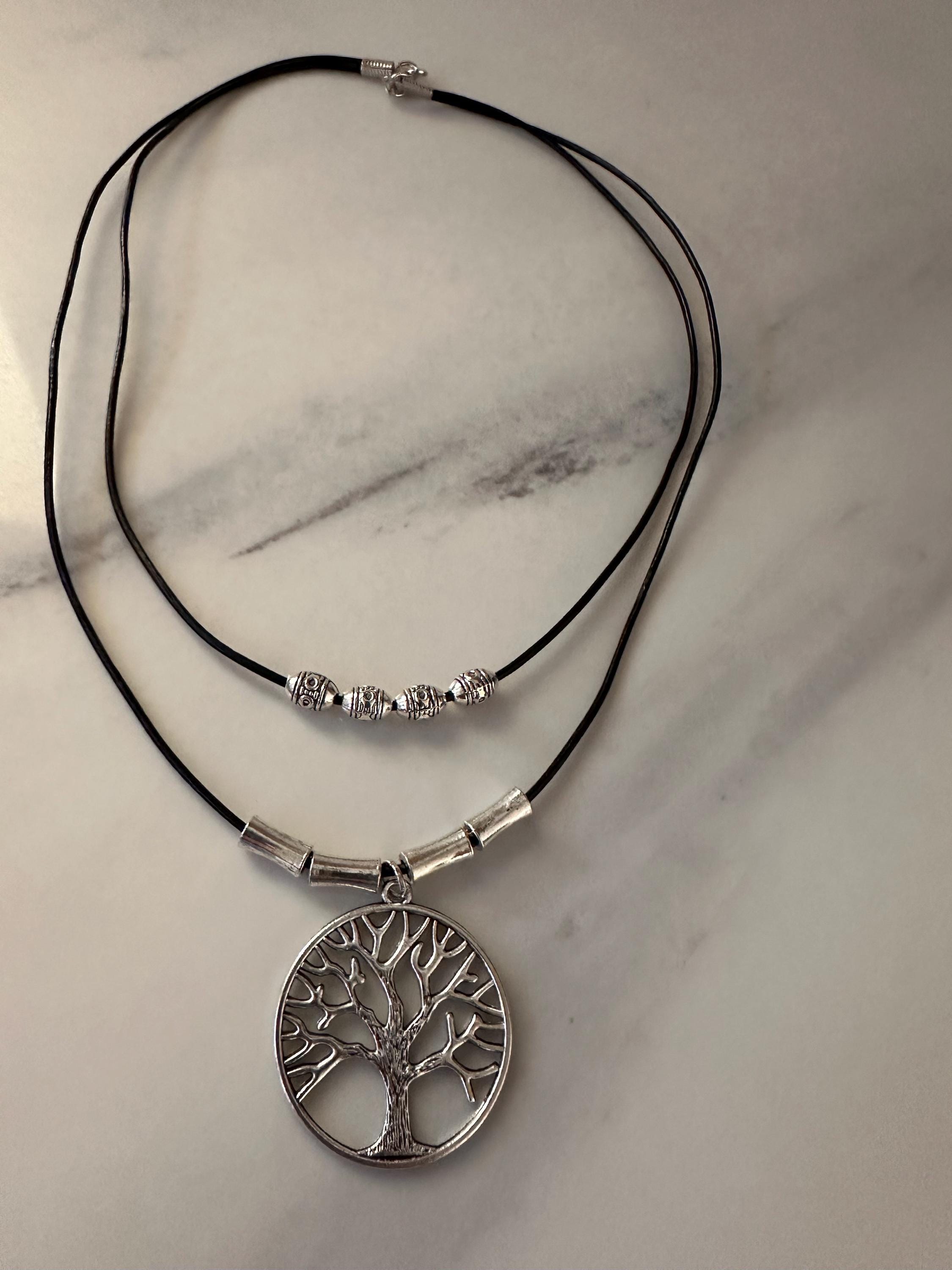 Antique Pewter Tree of Life with silver beads on double layered black leather cord